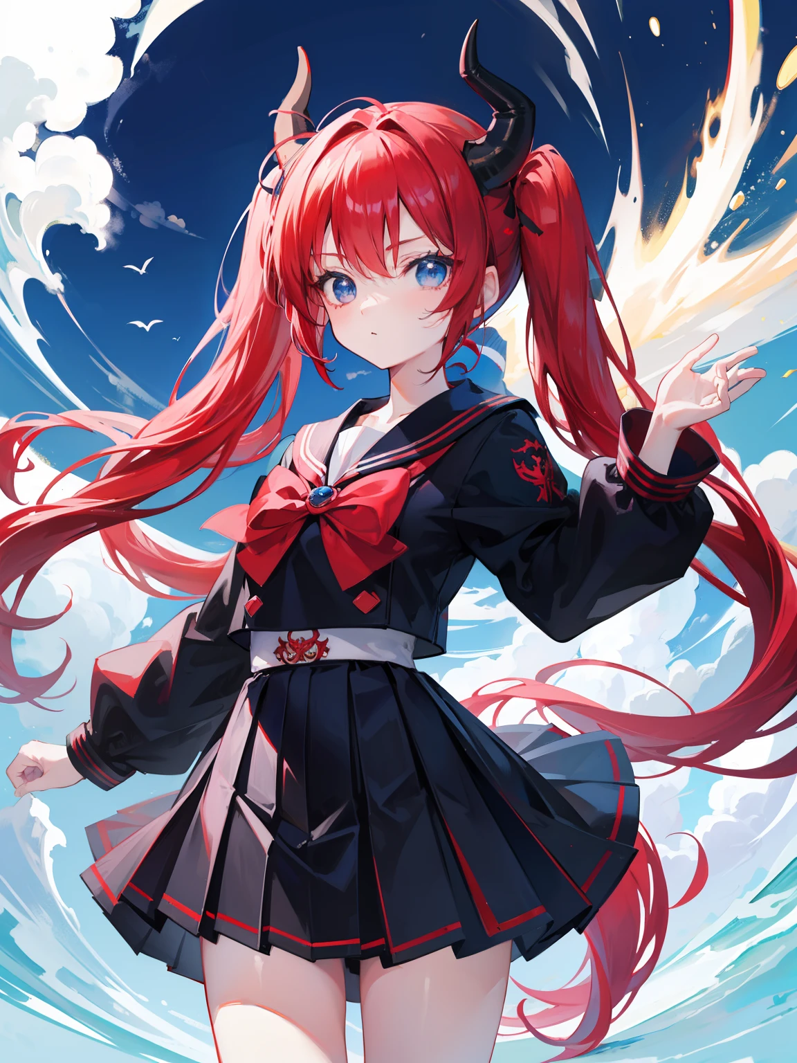 red hair, blue eyes, twintails, Sailor suit,black coat, Pleated skirt,solo,li,cute,bow,Dragon horns