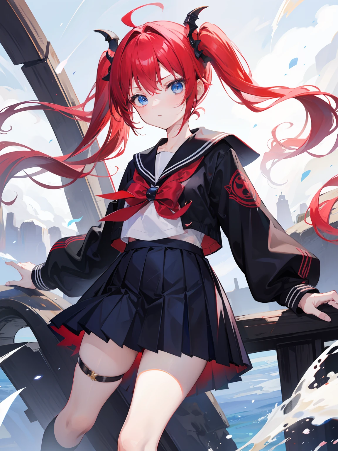 red hair, blue eyes, twintails, Sailor suit,black coat, Pleated skirt,solo,,cute,bow,Dragon horns
