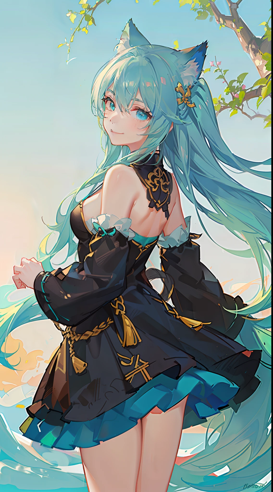 young girl, long turquoise hair, turquoise eyes, cat ears, Smile, black chinese tight top, Upskirt, Masterpiece, hiquality