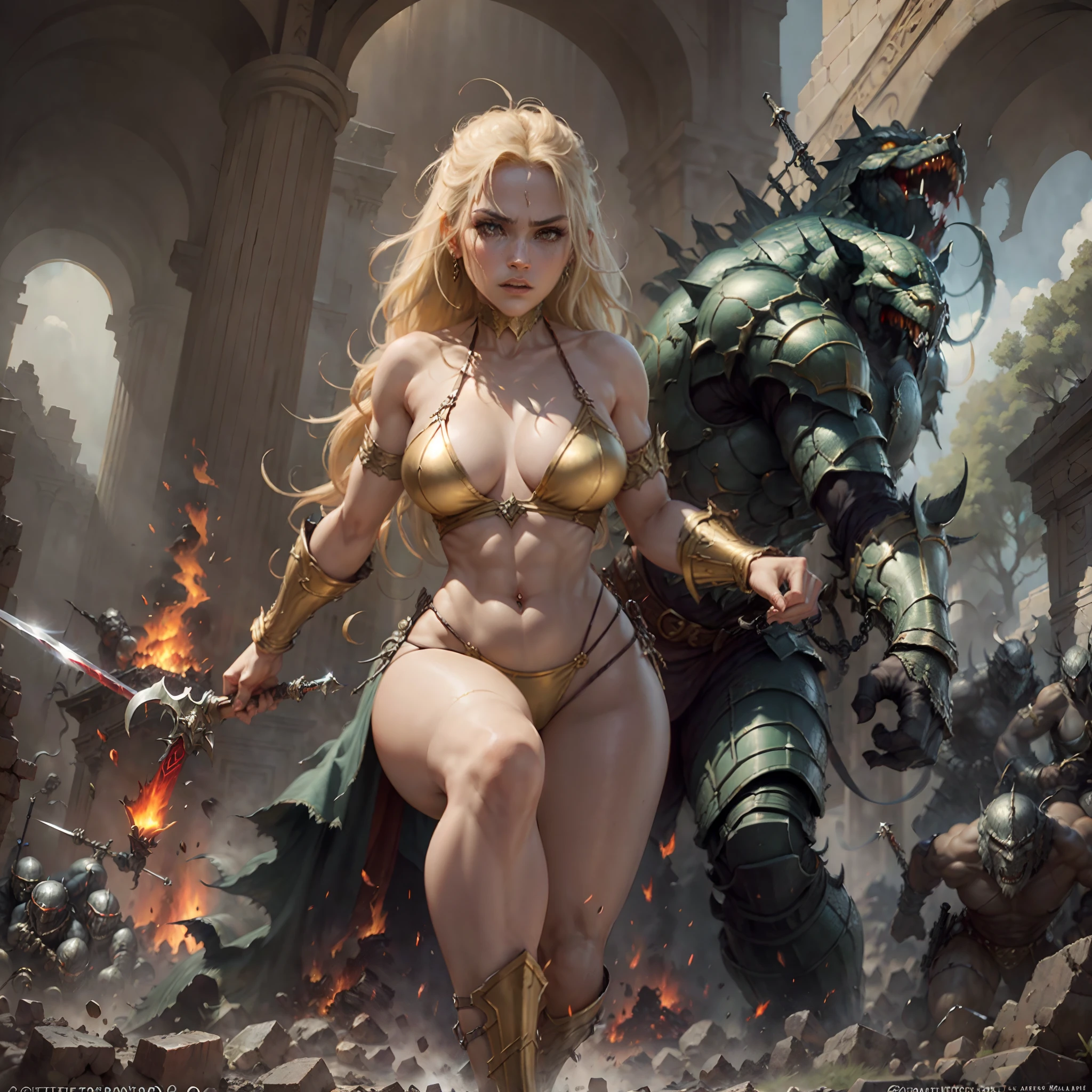 armed with a sword, ready for fatal combat, a desperate battle against overwhelming hordes of monsters, monsters are attacking, ruined ancient temple and fire in background, epic fantasy art, photorealistic, super high quality, super high detail, masterpiece, 4k, 8k, HDR