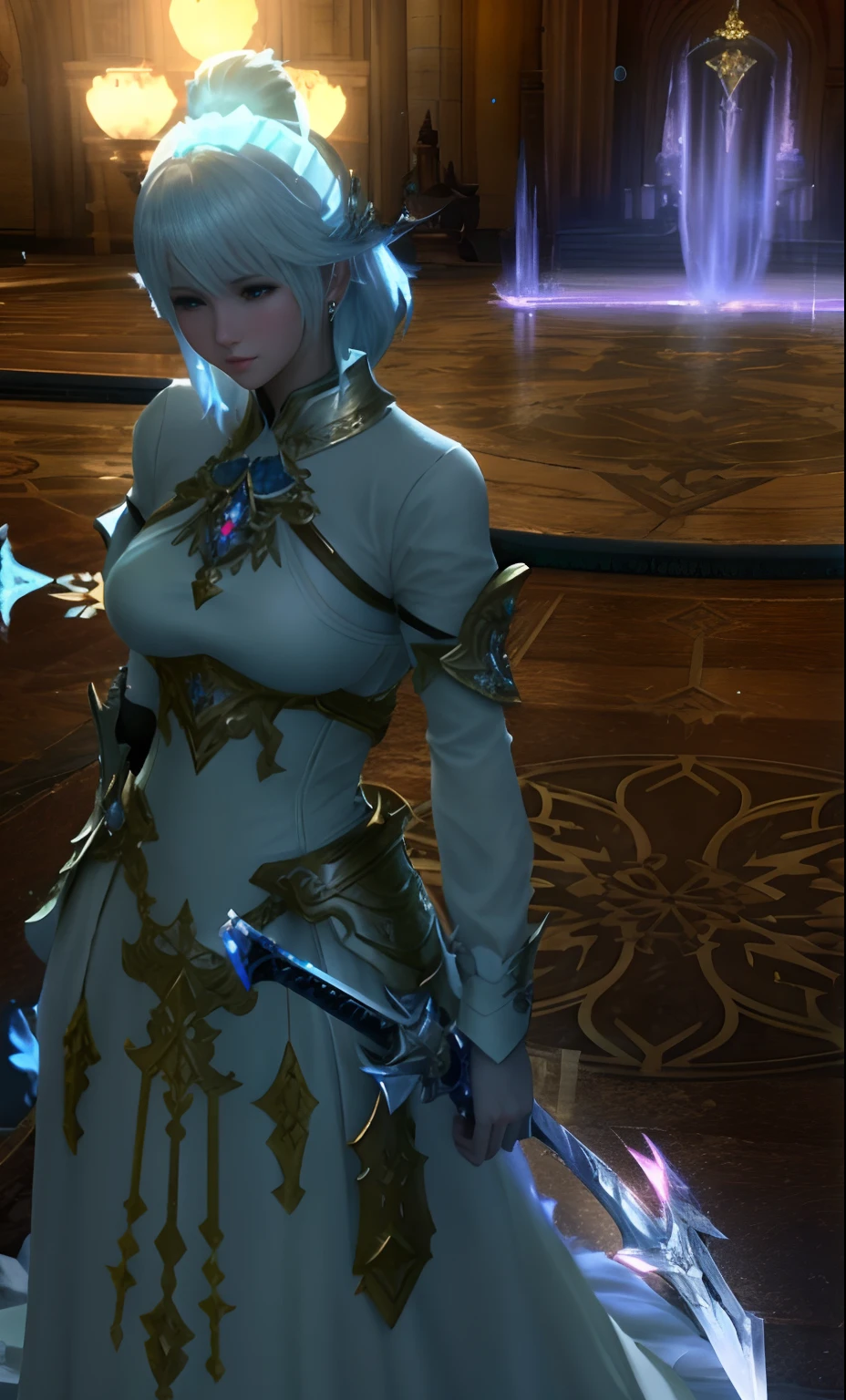 Final Fantasy 14 style graphics，There was a woman in a gorgeous white dress，She holds a shining sword，Wears silver and ice blue reflective armor。