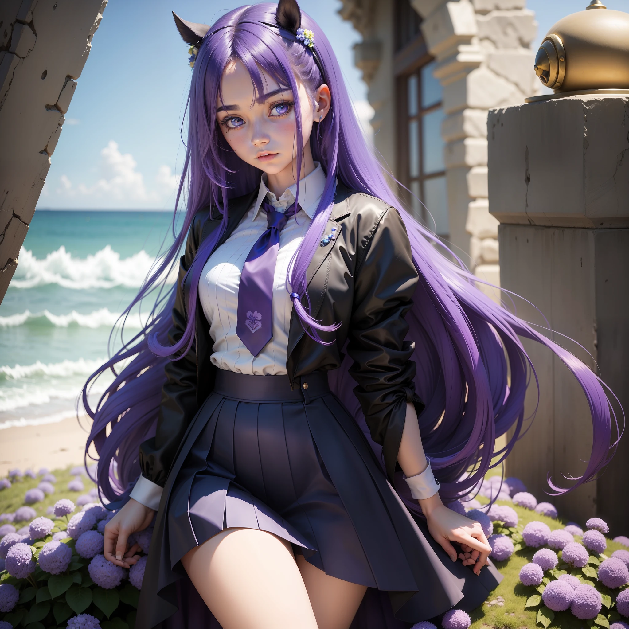 teens girl，dual horsetail，The hair is blue-purple，The eyes are blue-purple，Sea of flowers in the background，The hair has a tie flowing around，The body is in a semi-lying position，There is a bell around the neck