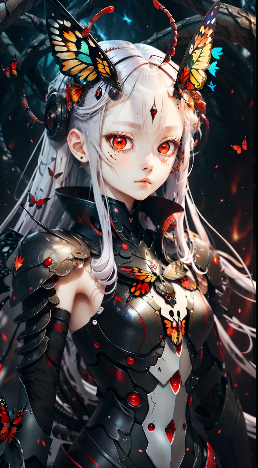 Anime insect girl with scarlet eyes, Pale hair, and black armor,Her eyes were firm, There are red butterfly wings and tentacles, Long loose hair with slightly curls,There are flames all around
