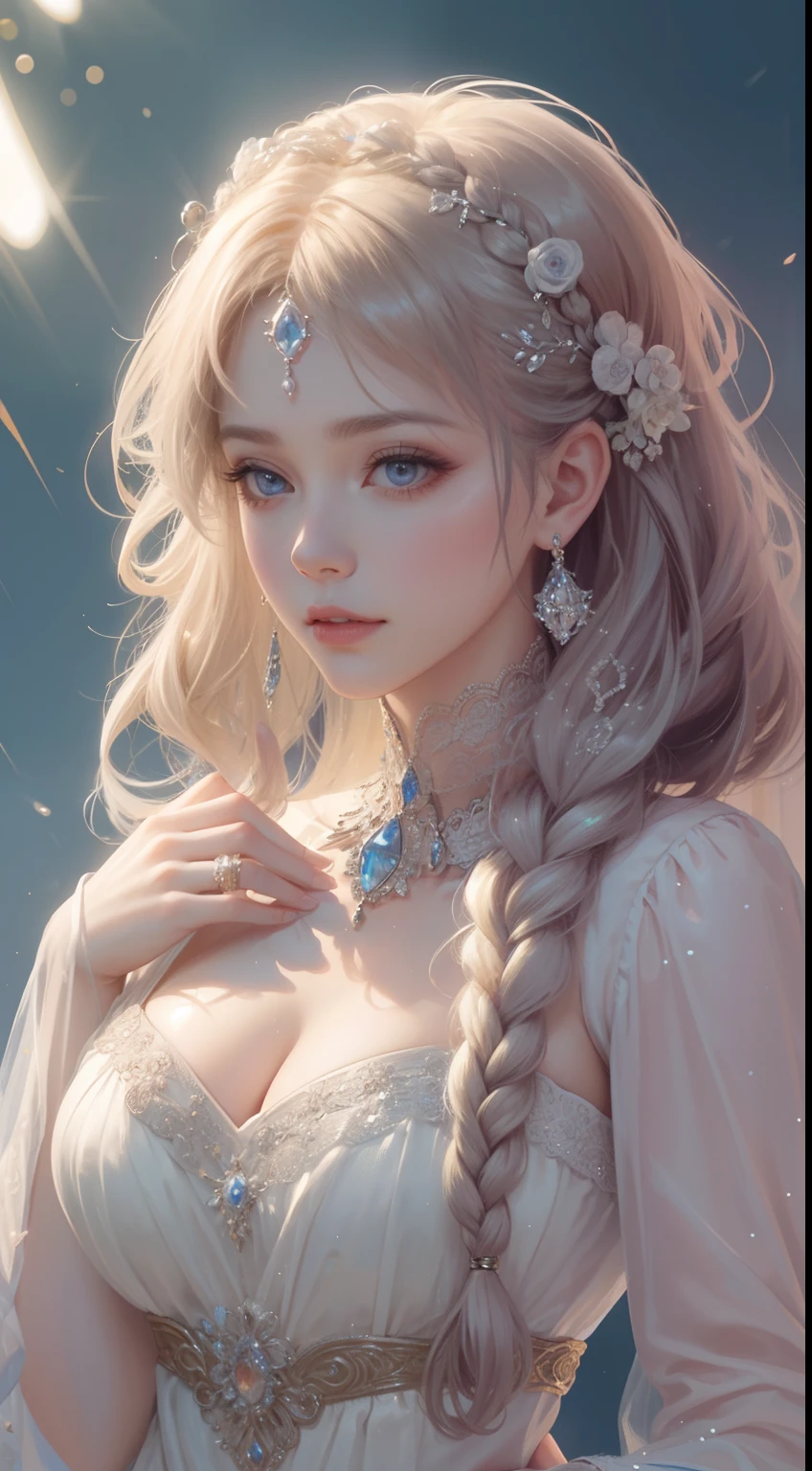 tmasterpiece，Highest high resolution，A bust of a beautiful royal maiden，Delicate braided hair，Coiled hair，Shining clear eyes，The hair is covered with beautiful and delicate floral craftsmanship, crystal、Diamond jewelry filigree，Ultra-detailed details，upscaled，softlighting。