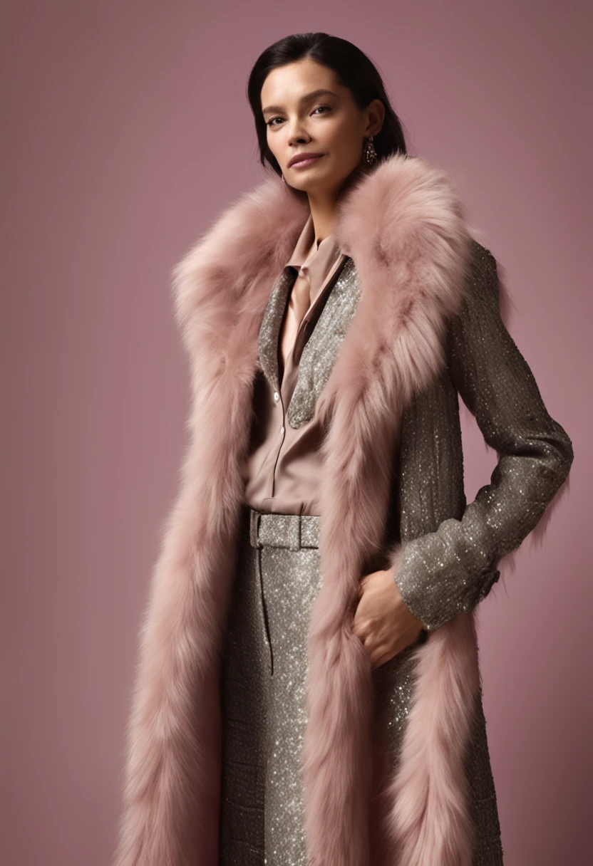 Autumn and winter catwalks,Vintage fur vest,Gray checked suit,Chiffon ruffled pink sequin maxi dress,flowing shimmering fabrics,Gray top with wide-leg pants,Subtle beige tones,Inspired by Ralph Lauren