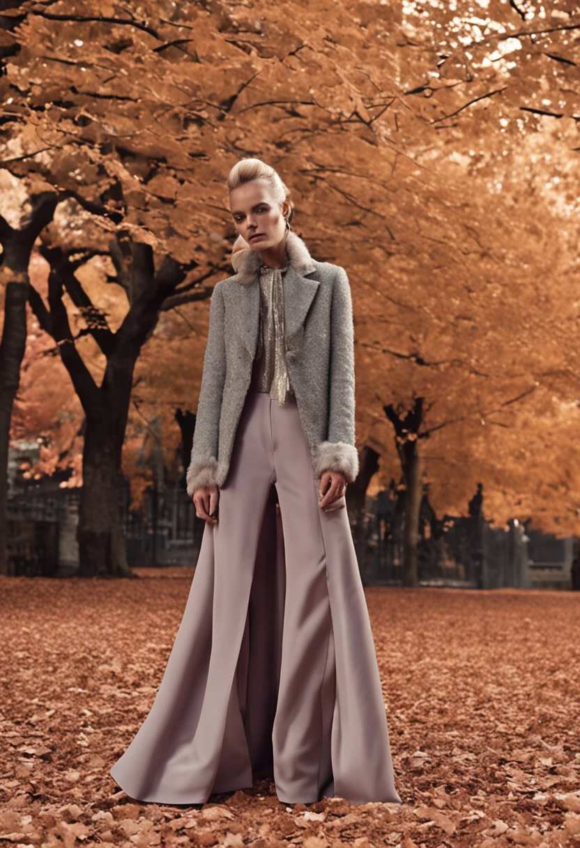 Autumn and winter catwalks,Vintage fur vest,Gray checked suit,Chiffon ruffled pink sequin maxi dress,flowing shimmering fabrics,Gray top with wide-leg pants,Subtle beige tones,Inspired by Ralph Lauren