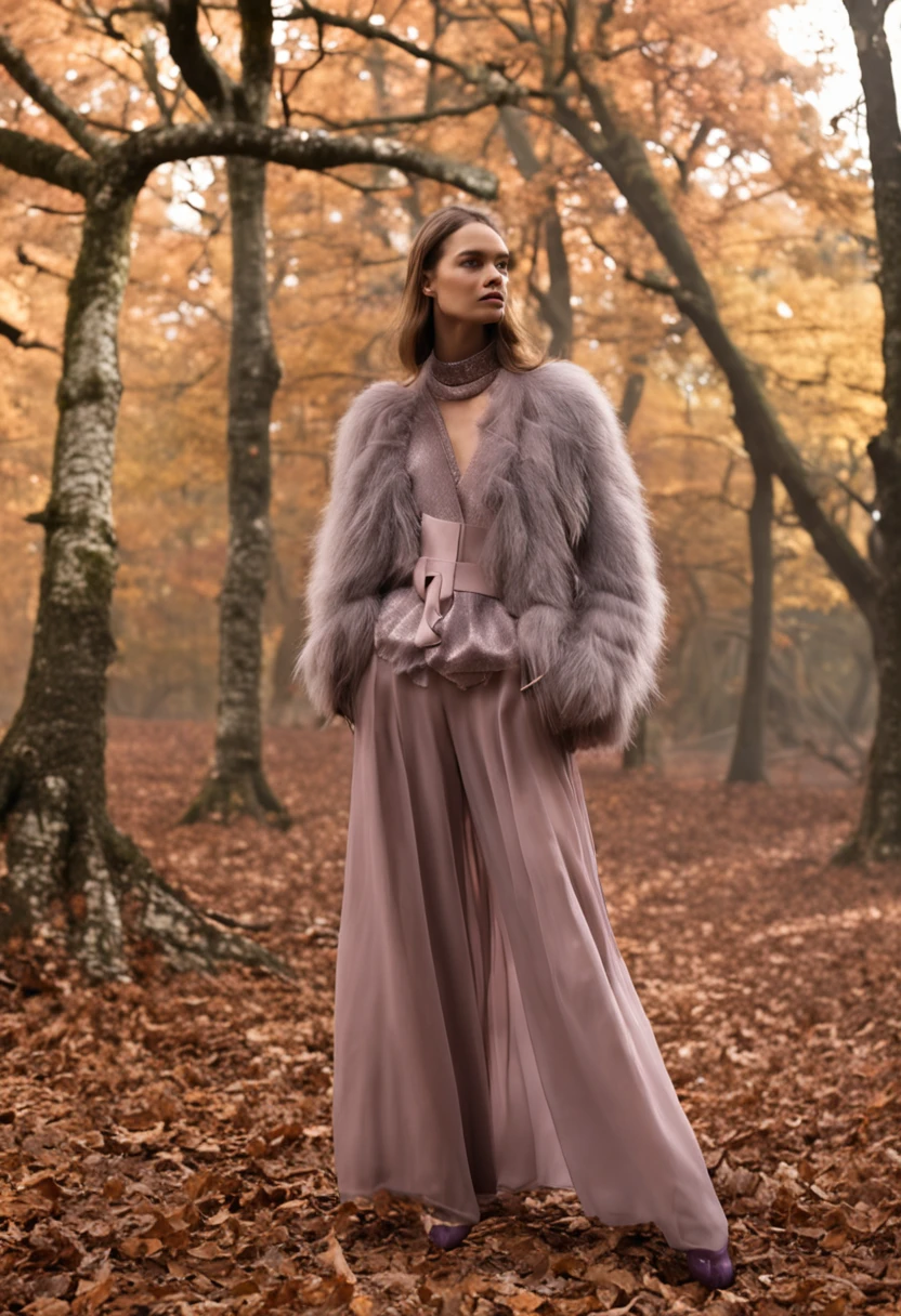 Autumn and winter catwalks,Vintage fur vest,Gray checked suit,Chiffon ruffled pink sequin maxi dress,flowing shimmering fabrics,Gray top with wide-leg pants,Subtle beige tones,Inspired by Ralph Lauren