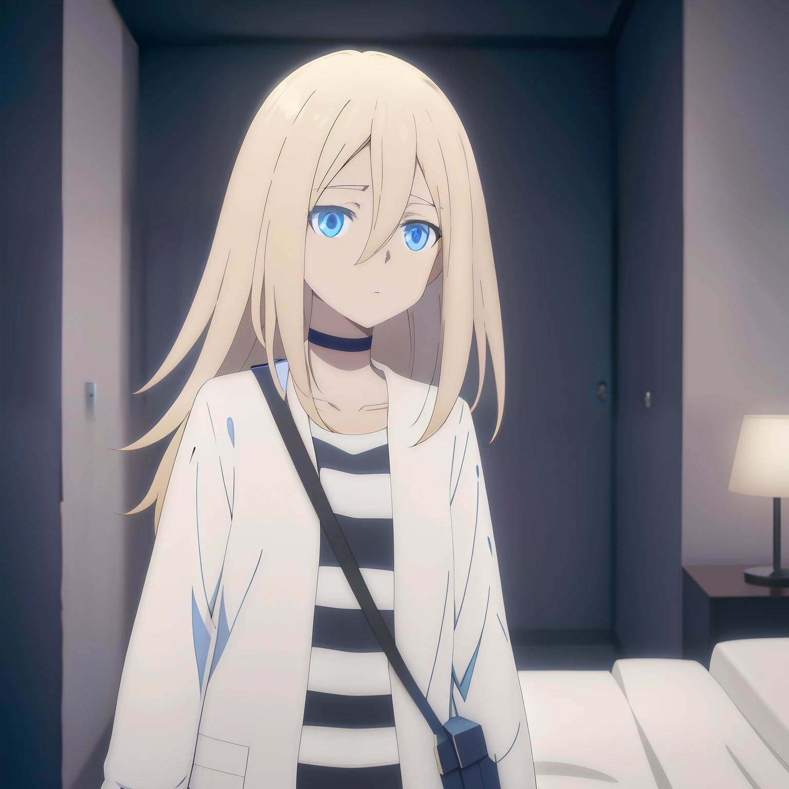 Anime girl standing in light blue eyes bedroom, anime visual of a cute girl, still from tv anime, Blonde anime girl with long hair, anime best girl, cel shaded anime, In the anime, animated still, official anime still, style of madhouse studio anime, in the anime film, An anime girl, screenshot from the anime film