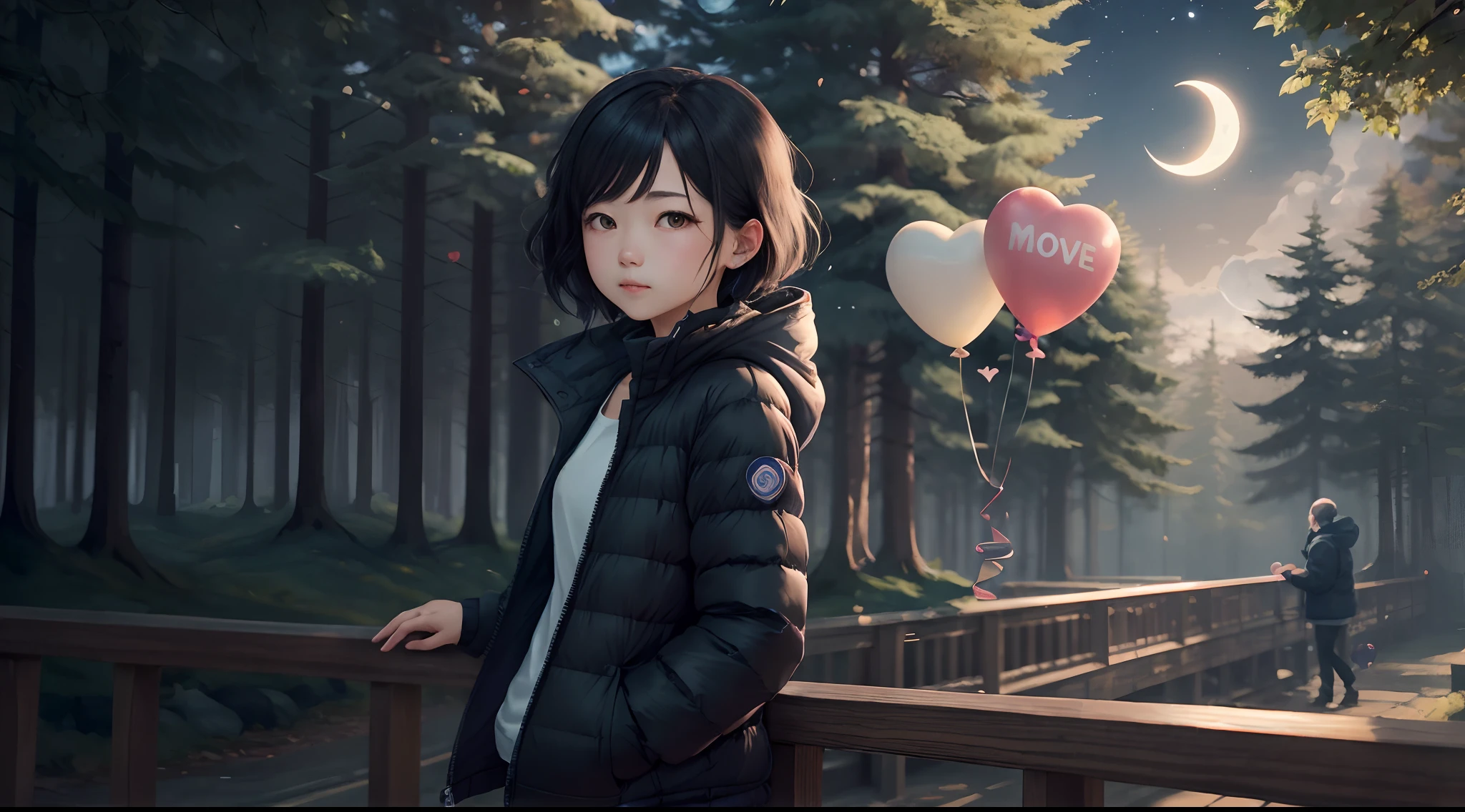 Leaning against the railing,美丽细致的眼睛,puffer jacket,black color hair,heart-shaped balloons,themoon,围巾,ln the forest,