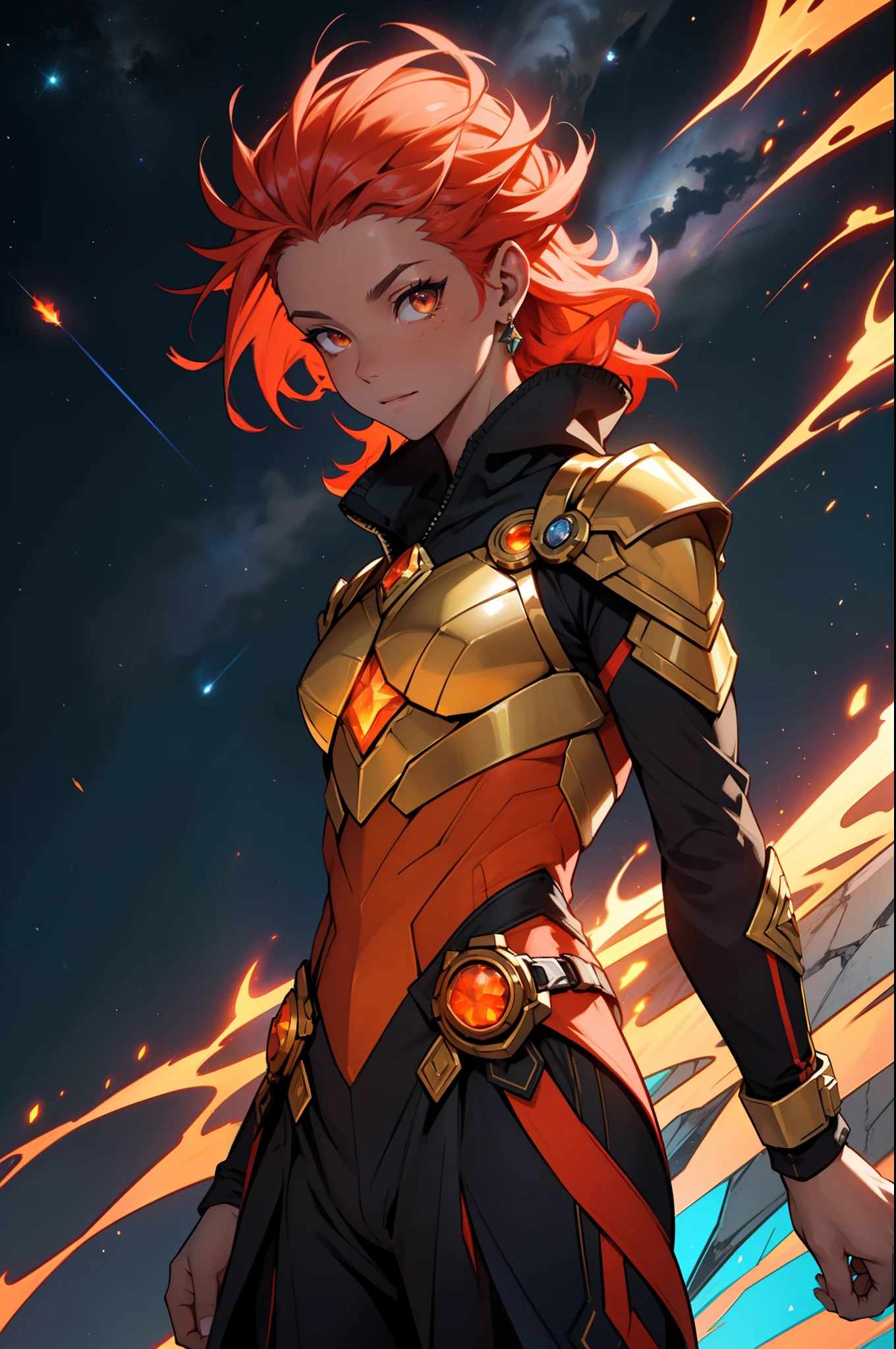 Orion is a Fire Genasi woman with a twist. While Fire Genasi typically embody flames and heat, Orion's appearance is more focused on the creative and transformative aspects of fire. Their skin is a deep, rich shade of ember, with intricate patterns that resemble cracks in cooling lava. Instead of traditional flames, their hair appears as strands of glowing, molten metal that shift and flow like liquid mercury, casting a warm and mesmerizing light. Orion wears a suit of ornate, enchanted armor that seems to be composed of magically infused metal, constantly flickering with small sparks of fire. Their goggles, designed to protect their eyes from the intense heat they can emit, have crystalline lenses that refract light into vibrant rainbows.