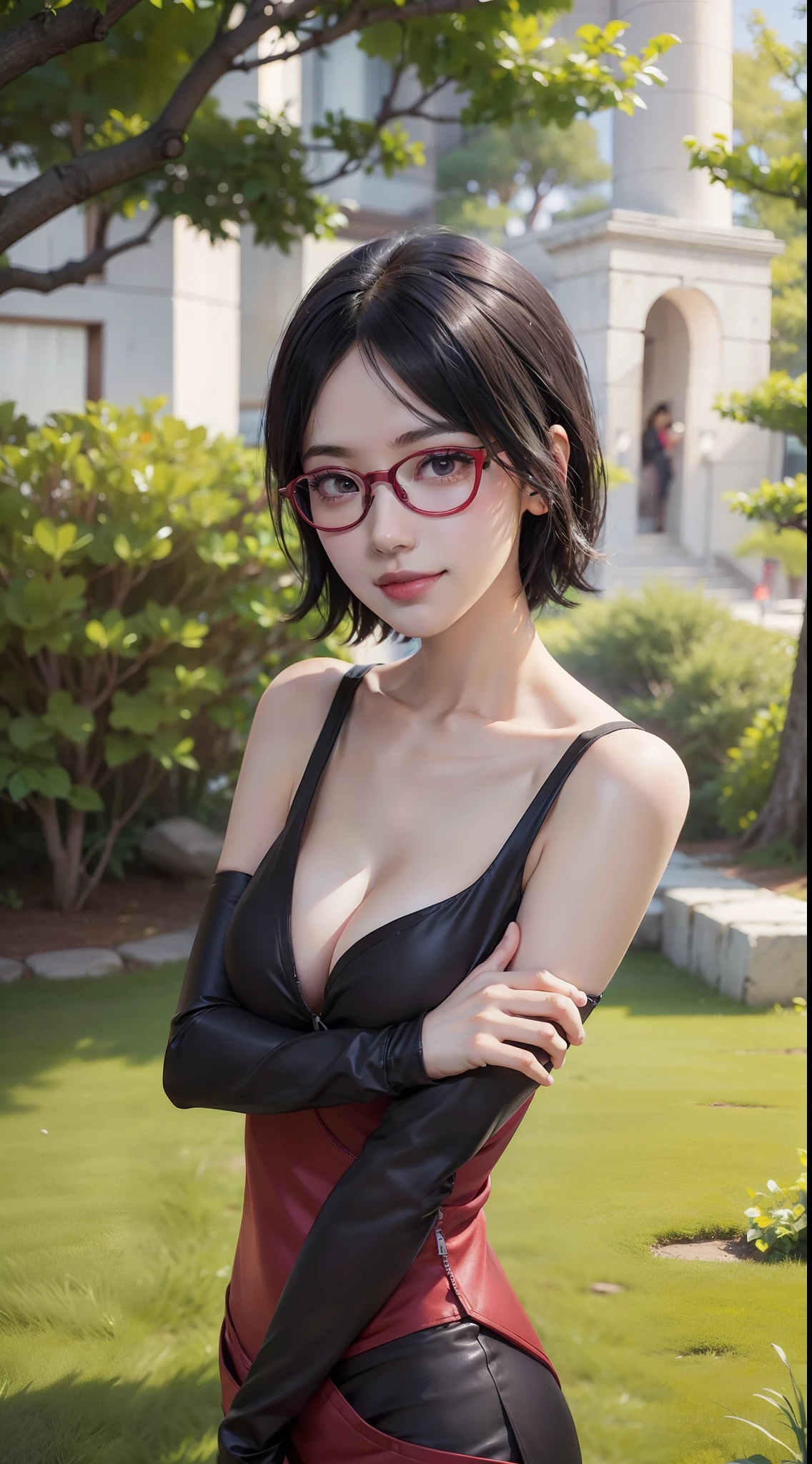 1girl, uchiha sarada in anime boruto, short hair, black hair, brown eyes, wearing red glasses, smile, beautiful, sexy clothes, sexy dress, black clothes, very big breast, realistic clothes, purple clothes, outdoor background, ultra detail, realistic