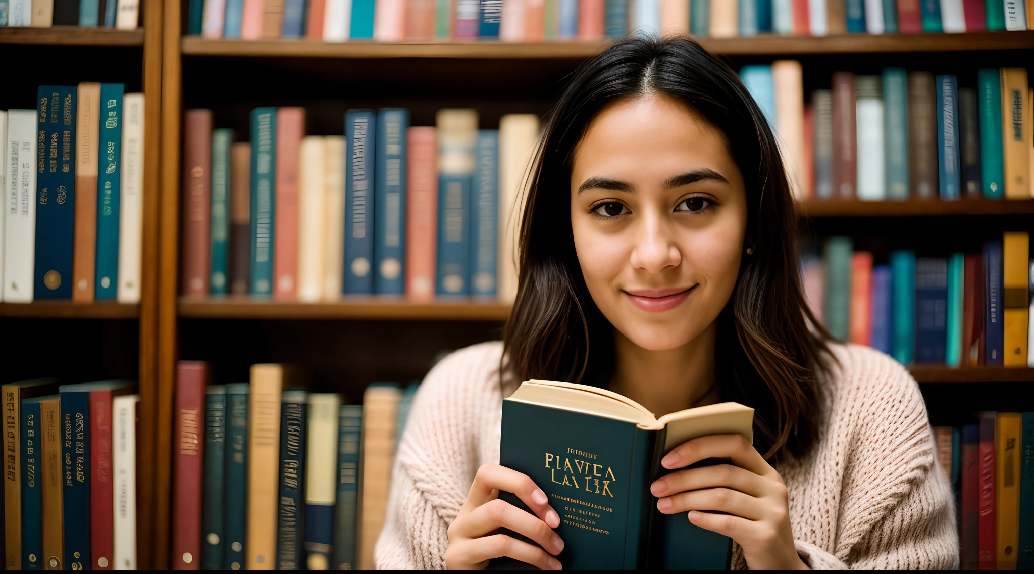 instagram photo, closeup face photo, A An intimate portrait of a woman surrounded by literary treasures, her eyes reflecting the joy of exploring new worlds through books, Canon EOS RP with 50mm f/1.8 lens, warm indoor lighting, contemplative literature photography.