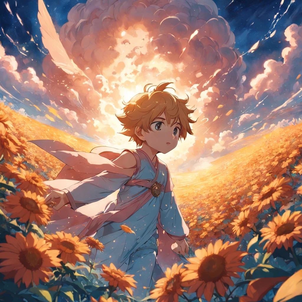 tmasterpiece,best qualtiy,cinematic Film still from,1boy,Cloud Boy,Float on flowers,closeup cleavage,brightly,cheerfulness,Warm and soft lighting,sunraise,(spark of light:0.7)