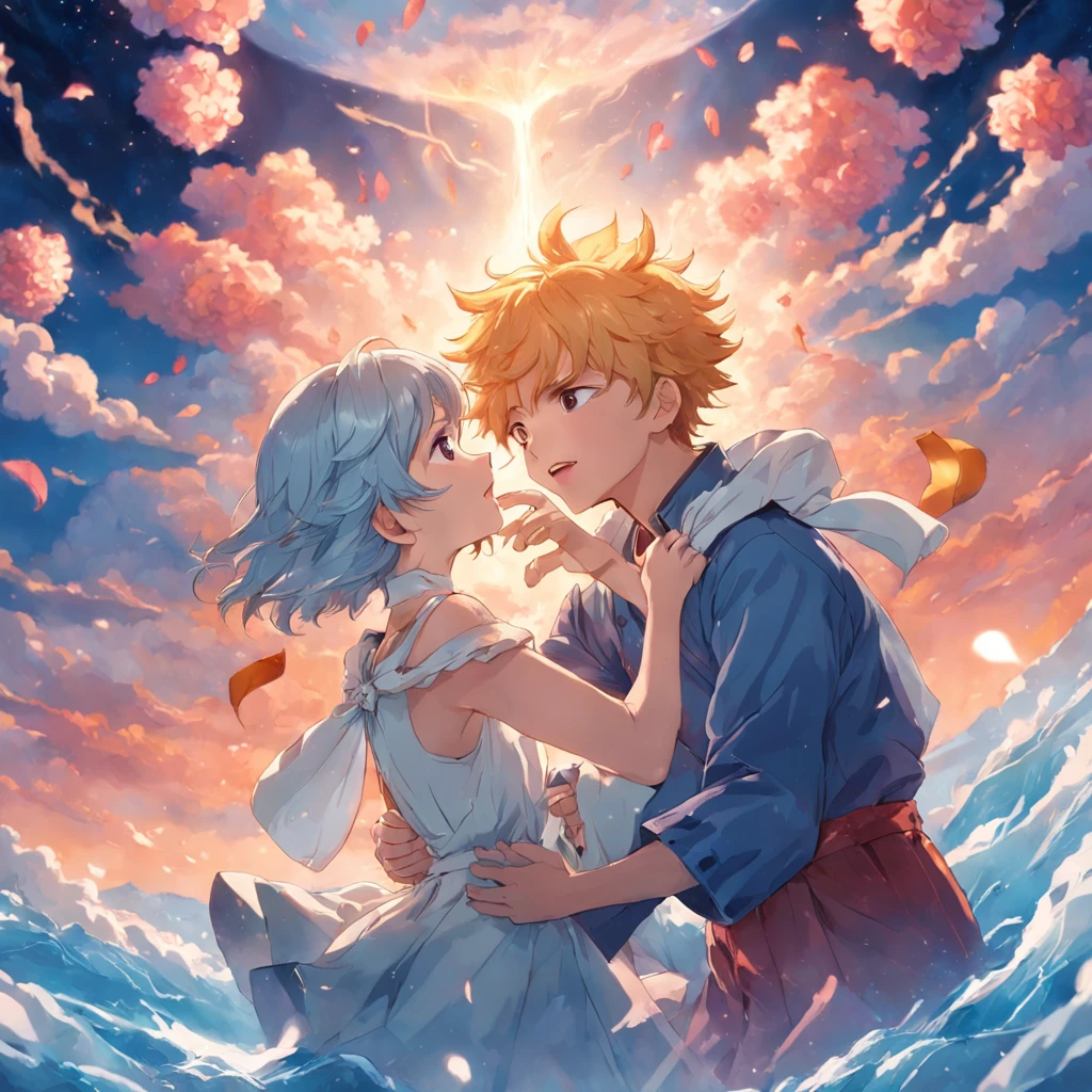 tmasterpiece,best qualtiy,cinematic Film still from,1boy,Cloud Boy,Float on flowers,closeup cleavage,brightly,cheerfulness,Warm and soft lighting,sunraise,(spark of light:0.7)