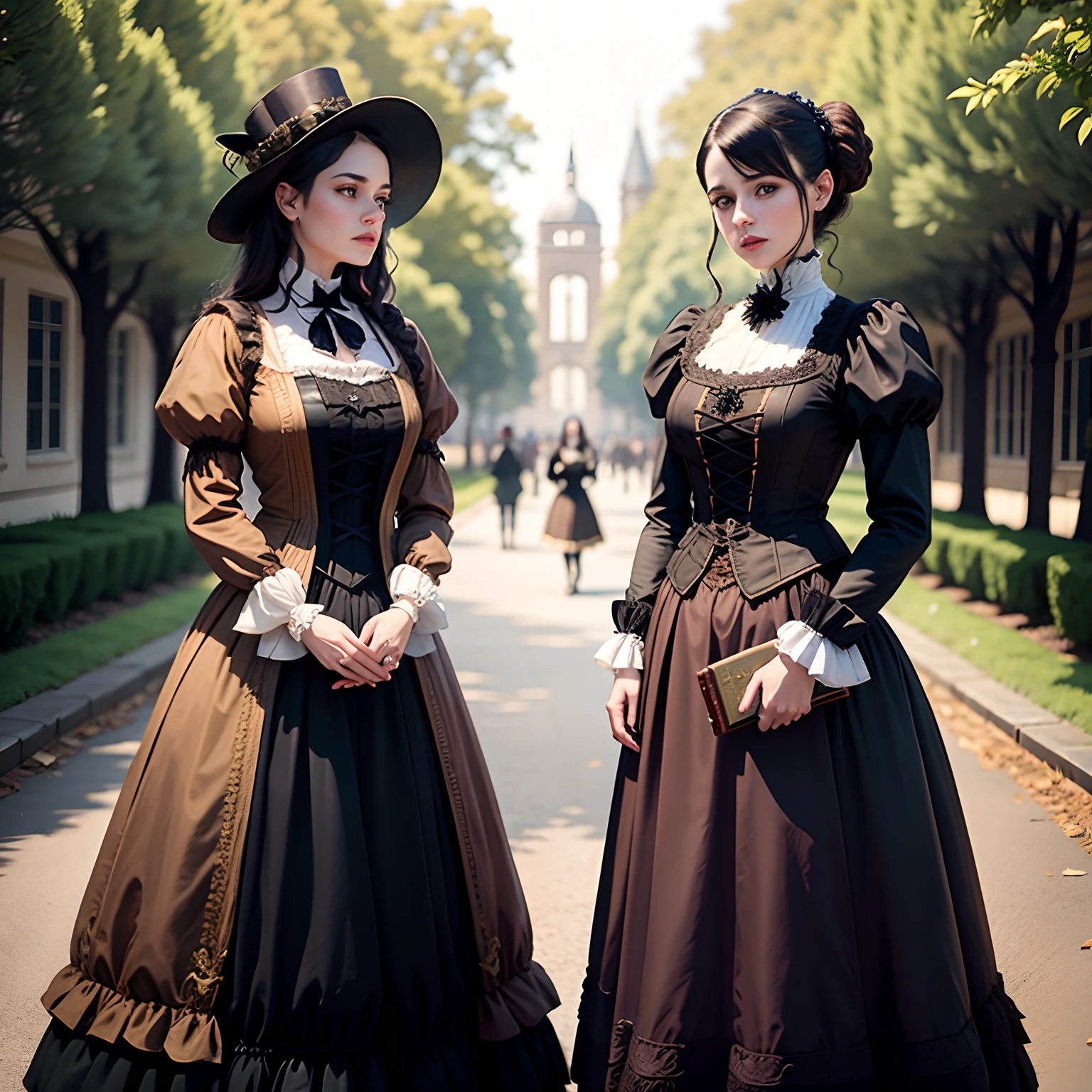 two women in victorian dress standing next to each other, both wearing victorian clothes, The two women are twins, both 19 years old, the woman on the left is carrying a book, the woman on the right is holding a dagger, victorian gothic ta fashion, historical baroque dress dark, in victorian aristocrat, victorian style costume, baroque dress, wearing victorian clothes, historical baroque dress, with victorian clothing, in detailed steampunk dress, steampunk era, (steampunk), ( steampunk ), rococo cyberpunk, victorian dress, rococo dress