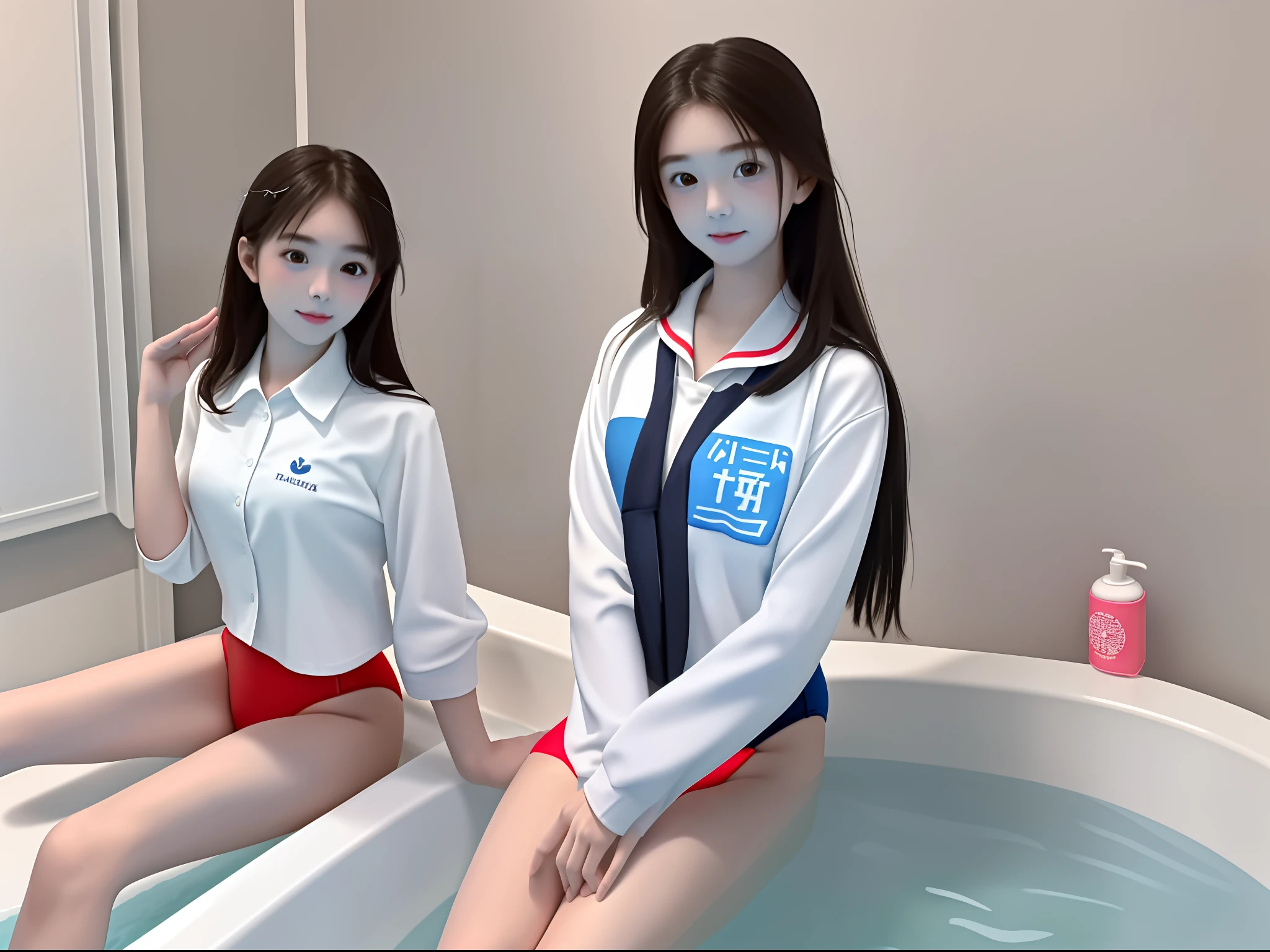 Beautuful Women,swimming uniform,浴室。white colors,delicated ,Facial features。s girl,Pure,Sweet girl,Sit on the bathtub,Calves open,Feminine and coquettish,Red thong underwear