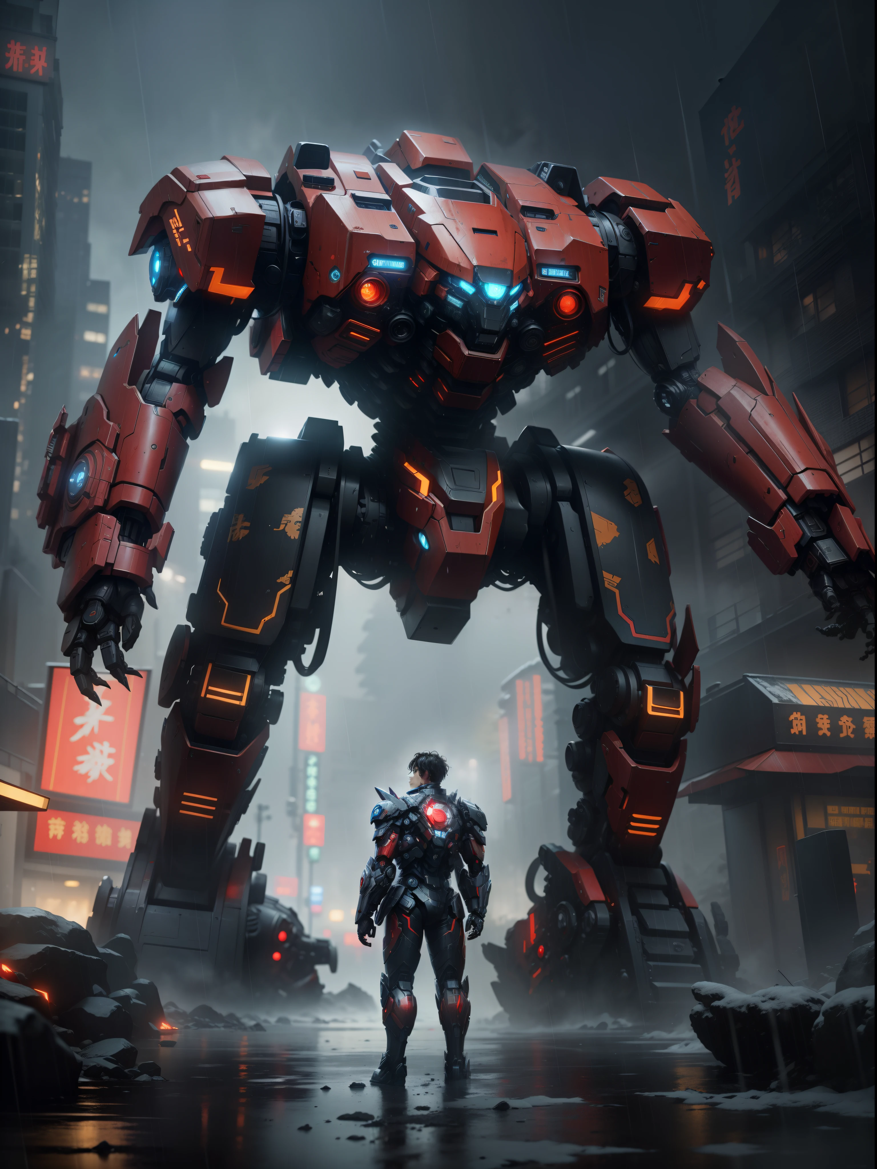 Jaeger mech from (Pacific rim), Kaiju invasion alert, Chinese theme robot, huge weapon in hand, heavy rain, red and black colour scheme with star crest, masterpiece, high resolution, future film concept, Movie lighting