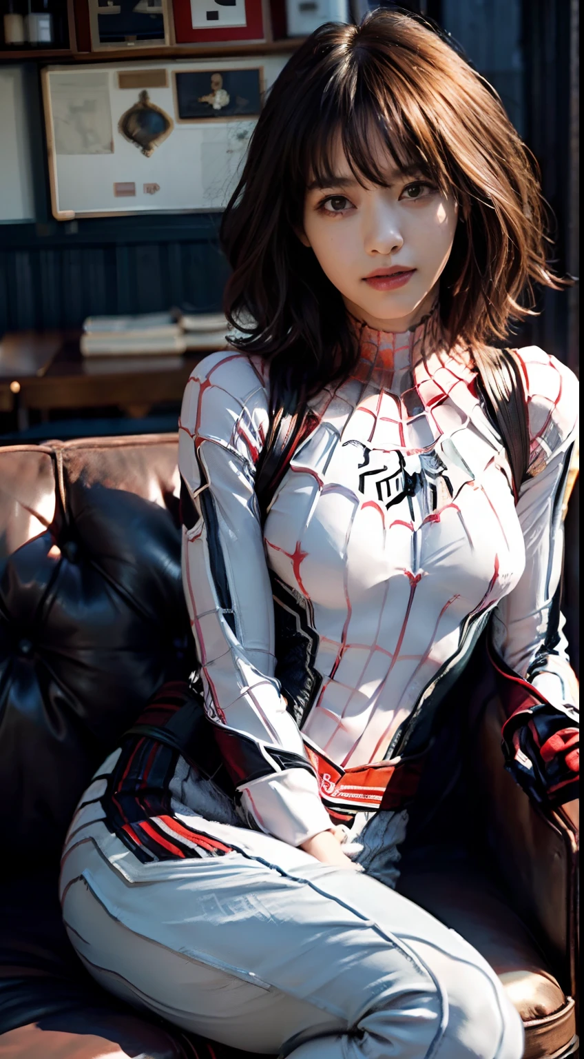 (Extreme Detail CG Unity 8K wallpaper, masterpiece, highest quality), (exquisite lighting and shadow, highly dramatic picture, cinematic lens effect), (a girl in a white Spider-Man costume:1.3), black hair, from the Spider-Man parallel universe, Wenger, Marvel, Spider-Man, sitting on the couch, dynamic pose), (excellent detailing, excellent lighting, wide angle), (excellent rendering, enough to stand out in the same class), with a focus on white Spider-Man costumes, complex spider textures