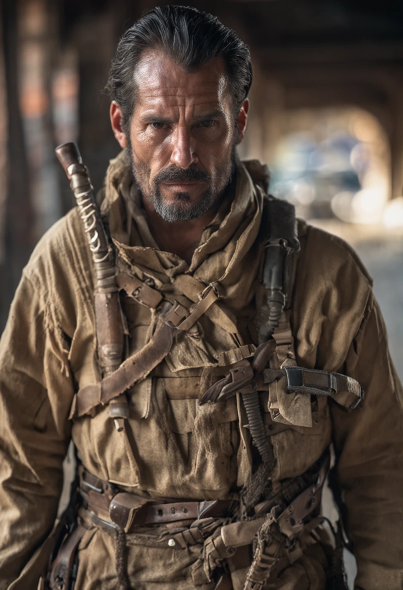 foto RAW, A close-up portrait of a brutal 35-year-old man dressed as a deserter, corte de pelo largo, pale-skin, Cuerpo delgado, Antecedentes de las ruinas de la ciudad (Piel altamente detallada: 1.2), 8k UHD, DSLR, soft illuminaotion, Alta calidad, movie grain, Fujifilm XT3