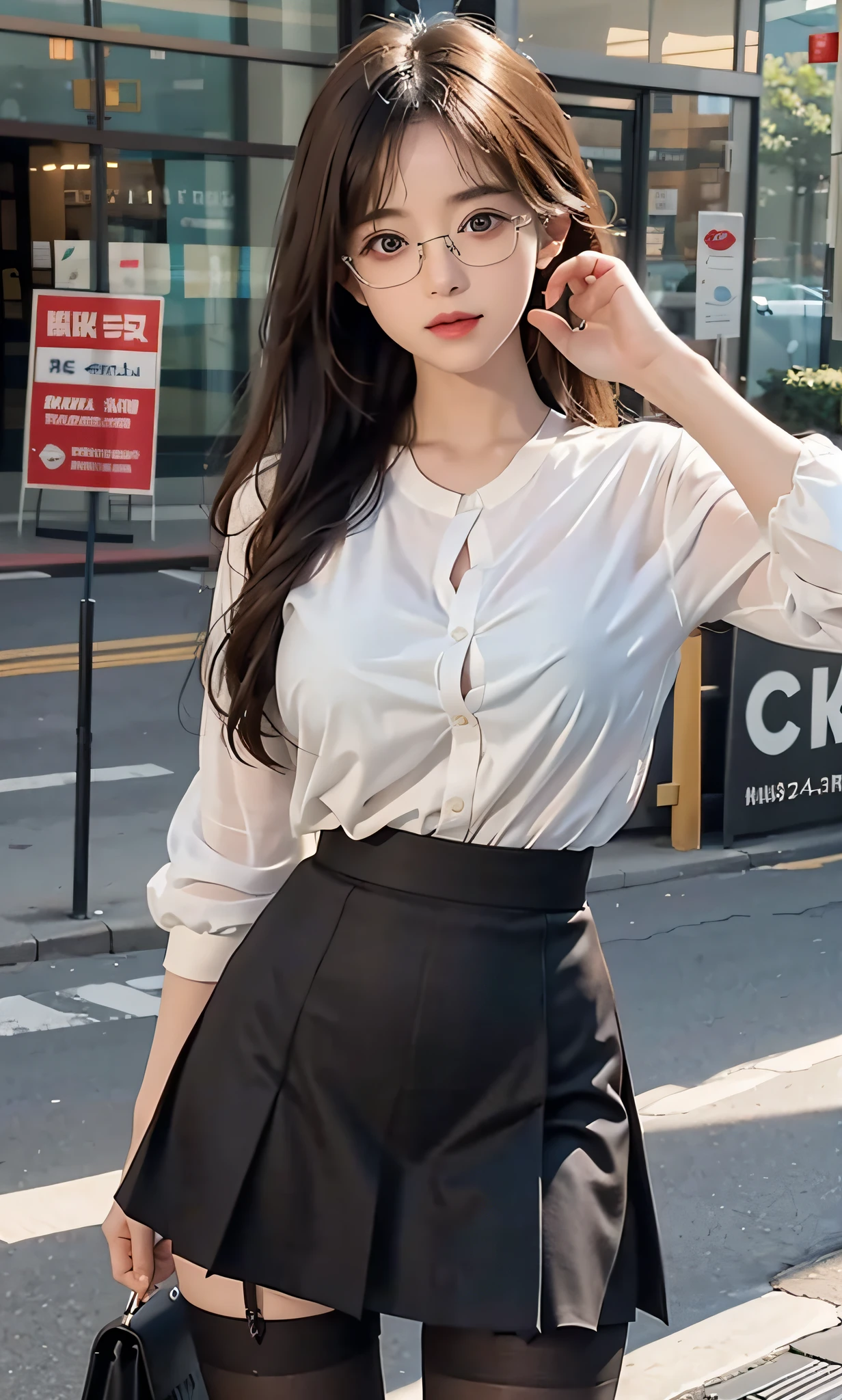 ulzzang-6500-v1.1, (raw photo:1.2), (photorealistic:1.4), beautiful detailed girl, very detailed eyes and face, beautiful detailed eyes, ridiculous, incredibly ridiculous, huge file size, super detailed, high resolution, very detailed, best quality, masterpiece, ((fashion clothing with diverse colors)), illustration, very detailed, CG, unified, 8k wallpaper, amazing, fine detail, masterpiece ,best quality, very detailed CG uniform 8k wallpaper, light on face, movie lighting, 1girl, , long white hair, side splits, (big breasts), (no panties)), (glasses), ((dynamic pose))), ((sexy pose))), (camel toe), (half), (pantyhose)), ((black hip skirt))