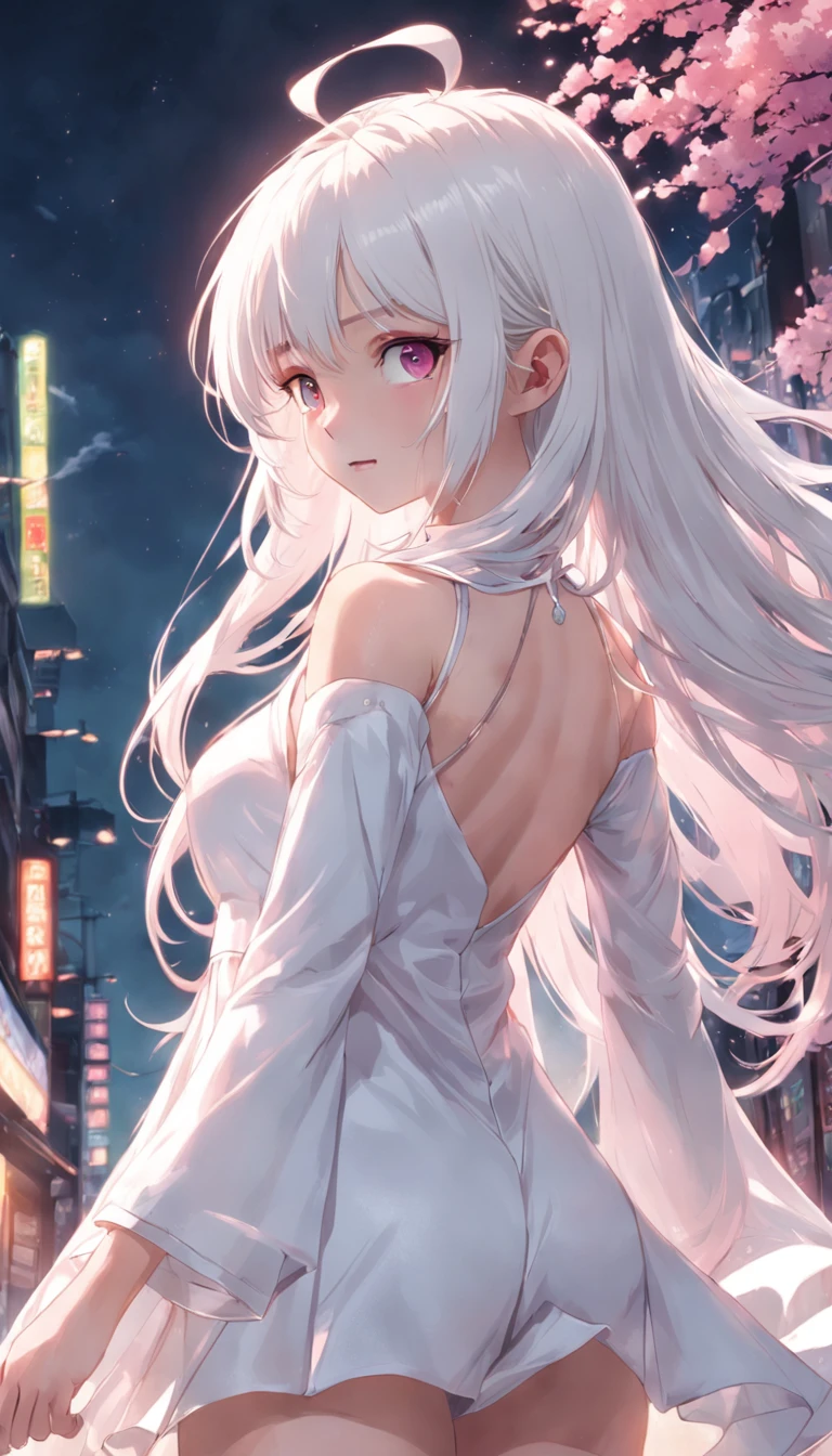 Long pure white hair，figure eight bangs，teens girl，quadratic element，gentleness，Pure，ellegance，Green，Pink eyes，18yr old，Poor milk，White silk long legs，Straight legs，Thin leg，Plain white long dress，Two-dimensional city background，white Heels，Pink eyes，flatchest ，dignified，Pointed face，A-type chest，high school senior，starrysky，rays of moonlight