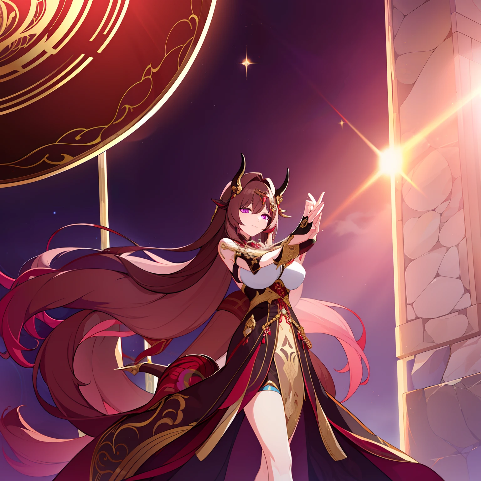 Woman, messy light brown long hair with a purple tint, dragon horns and tail, white and black Chinese dress with tight-fitting elements on her arms and legs, gold divine light, God's gaze, a sun circle, indifferent and cold gaze, light lipstick, light eyes