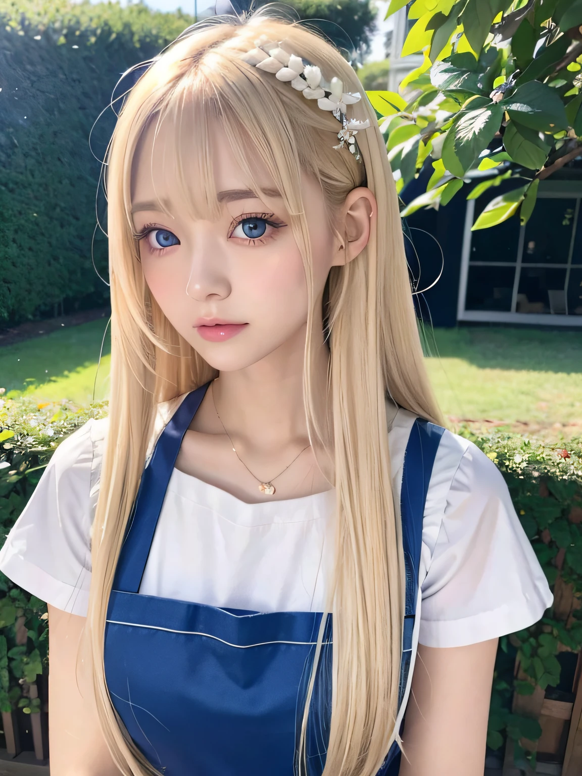 Foto realism、top-quality、超A high resolution、A picture、Photos of the most beautiful Nordic born girl in the world、Detailed cute and beautiful face、(PureErosFace_V1:0.008)、beautiful bangs、alice in the wonderland、years、Shiny white shiny skin、sparkle on the cheeks、Shining on the face、bangs between eyes、Super long hair、Glamorous natural platinum blonde hair is extra-long, straight and silky hair、finer hair、Bright light blue big eyes,Shining with beauty、White apron、Only an apron was worn to cover it、eyes liner、Double eyelids、Lush bust