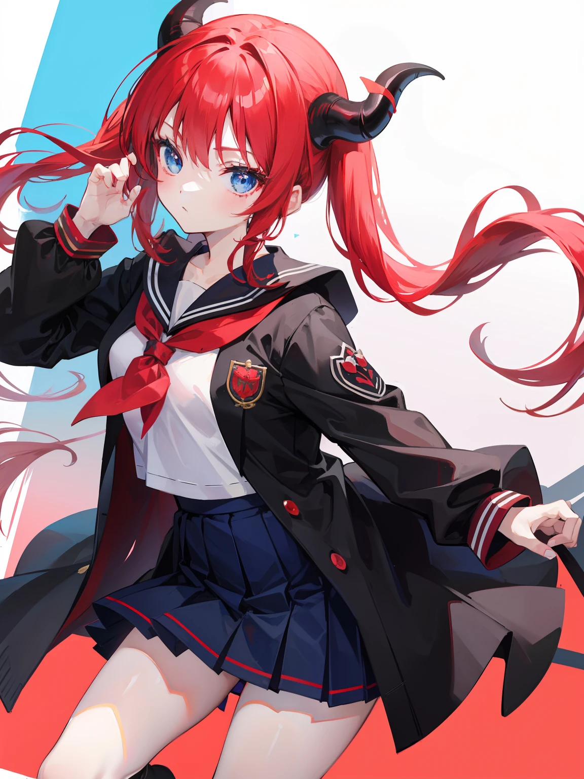 red hair, blue eyes, twintails, Sailor suit,black coat, Pleated skirt,solo,li,cute,bow,Dragon horns
