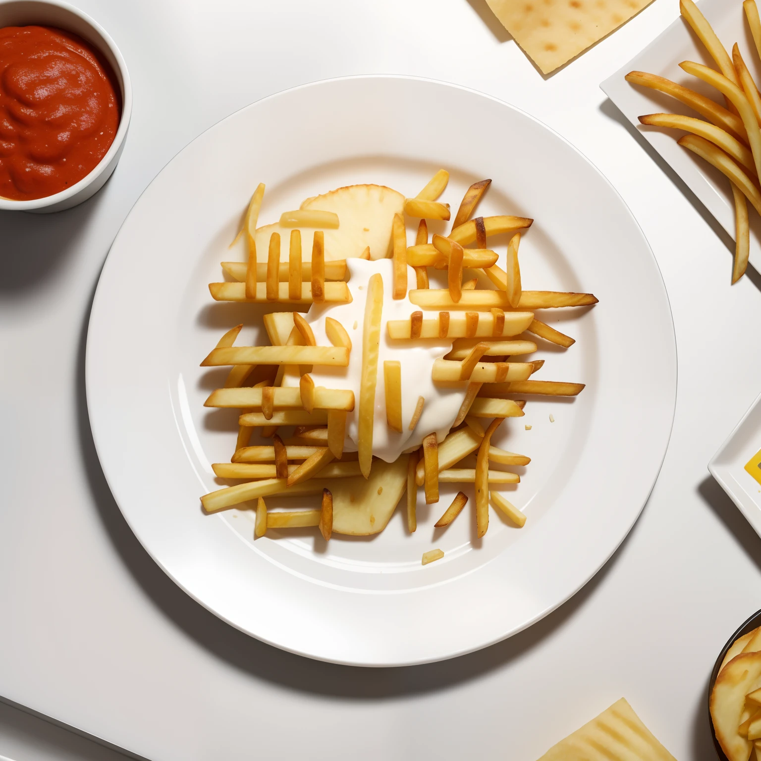 Top down view of a plate of fresh french fries on a table at McDonald's