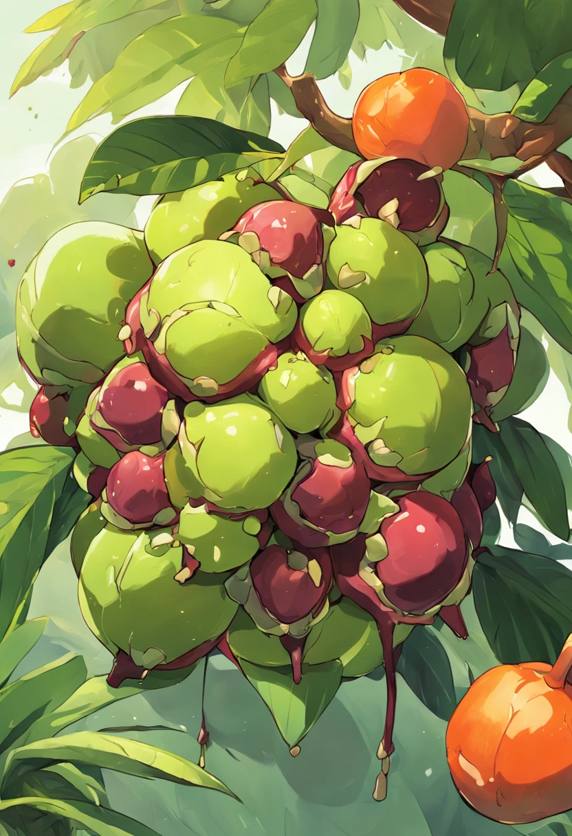 There is a picture of a fruit mangosteen,green leaf, Mangosteen, rendered illustration, made with illustrator, 2 d render, Mangosteen, arte renderizada, Stylized digital illustration, 2. 5 d illus, stylized as a 3d render, digital painted, arte de fundo, A digital rendering, full-colour illustration, , 2D illustration