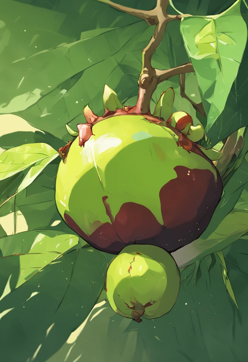 There is a picture of a fruit mangosteen,green leaf, Mangosteen, rendered illustration, made with illustrator, 2 d render, Mangosteen, arte renderizada, Stylized digital illustration, 2. 5 d illus, stylized as a 3d render, digital painted, arte de fundo, A digital rendering, full-colour illustration, , 2D illustration