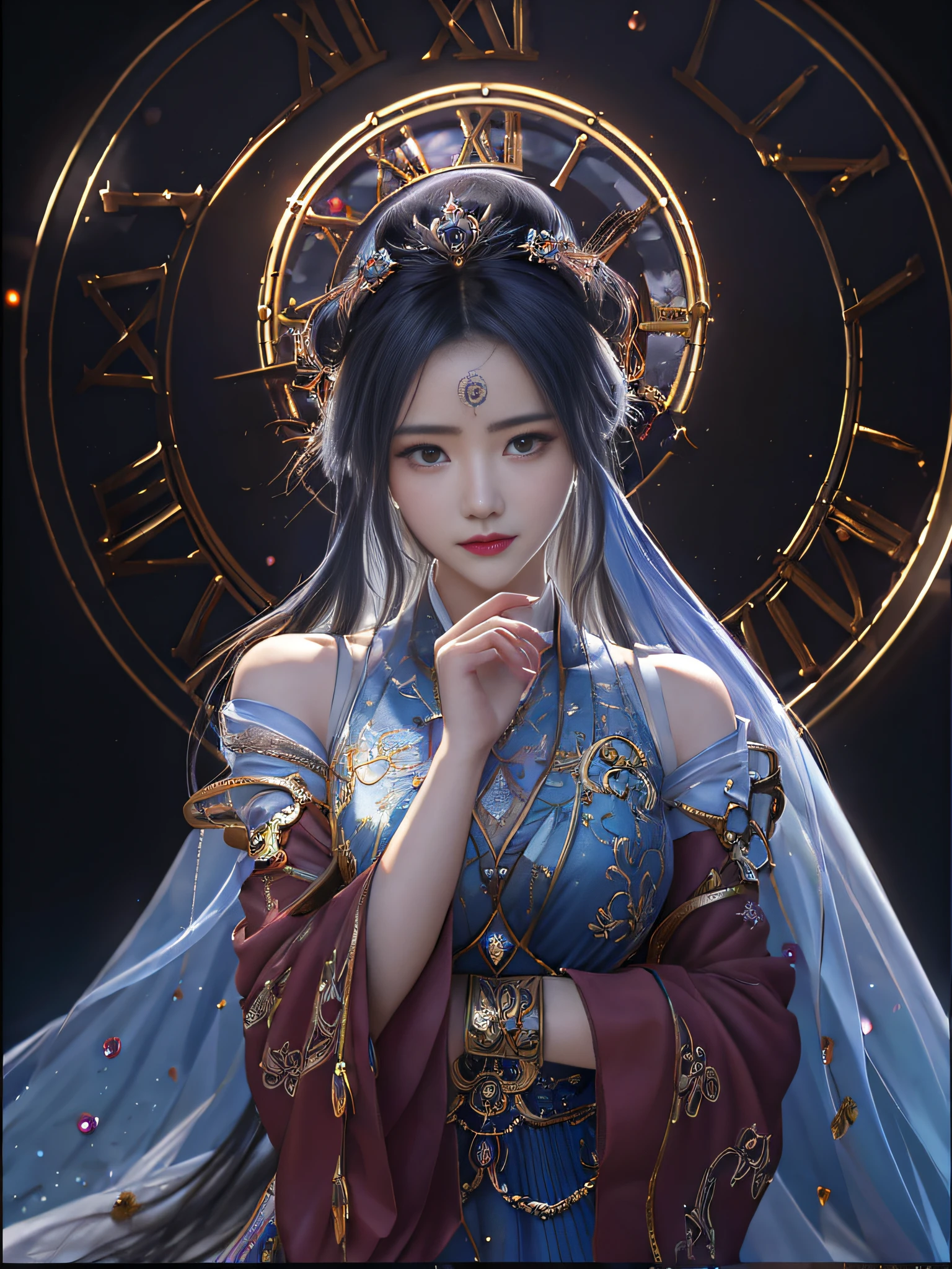 a close up of a woman in a dress with a clock in the background, a beautiful fantasy empress, guweiz, artwork in the style of guweiz, trending on cgstation, ((a beautiful fantasy empress)), goddess of time, intricate ornate anime cgi style, guweiz masterpiece, wlop. 4 k, 8k high quality detailed art