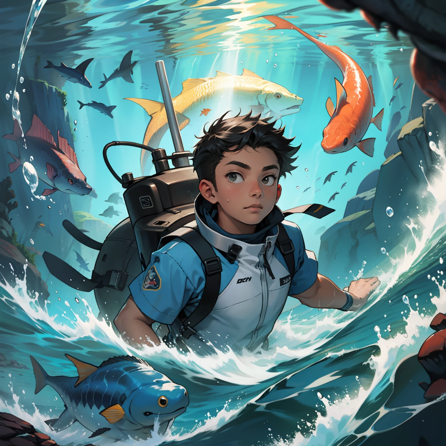 A boy swims in the deep sea,submarine
