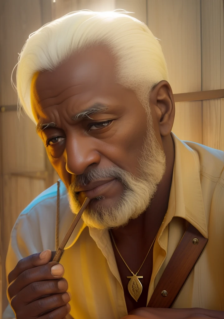 Crie a imagem um homem sexo masculino velho afrodescendente, extremamente perfeito, hiperrealista com a idade de 90 anos, olhos brilhantes, cansados e triste, pele negra, holding an extremely perfect brown wooden pipe rich in carved details Extremely wrinkled face with suffering appearance and humble short hair, crespo e grisalho, vestindo camisa simples branca velha e russa, very light white clothing with some tears and hole in the fabric with wooden crucifix necklaces with seeds and medal on the neck, rosto com rugas, hands with five fingers sitting on a small brown wooden bench in . The decoration should be dark old clay wall, com luzes e uma atmosfera intimista e religiosa. dramatic lighting, digital art trending on Artstation 8k HD high definition detailed realistic, circunstanciado, textura da pele, hiper detalhado, textura de pele realista, armadura, melhor qualidade, ultra high-resolution, (fotorrealista:1.4), high resolution, circunstanciado, Foto RAW, sharp re, by Lee Jeffries Nikon D850 film Stock Photography 4 Kodak Portra 400 camera F1.6 lens rich colors hyper realistic lifelike texture dramatic lighting unrealengine trending on artstation cinestill 800,