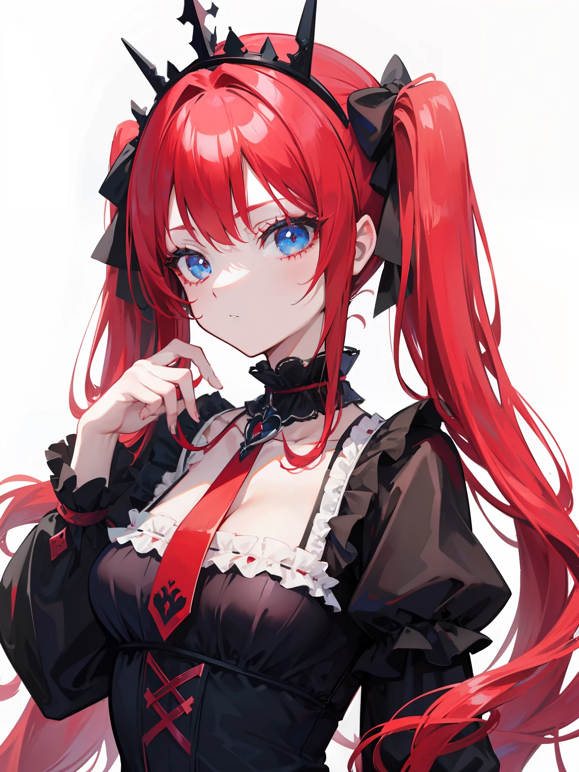 {best quality}}, {{masterpiece}}, {{ultra-detailed}}, {illustration}, {detailed light}, Red hair, Blue eyes, twintails, Goth Lolita, Darkgoth, Collar,Crown tiara,pride,solo,loli,Long hair,