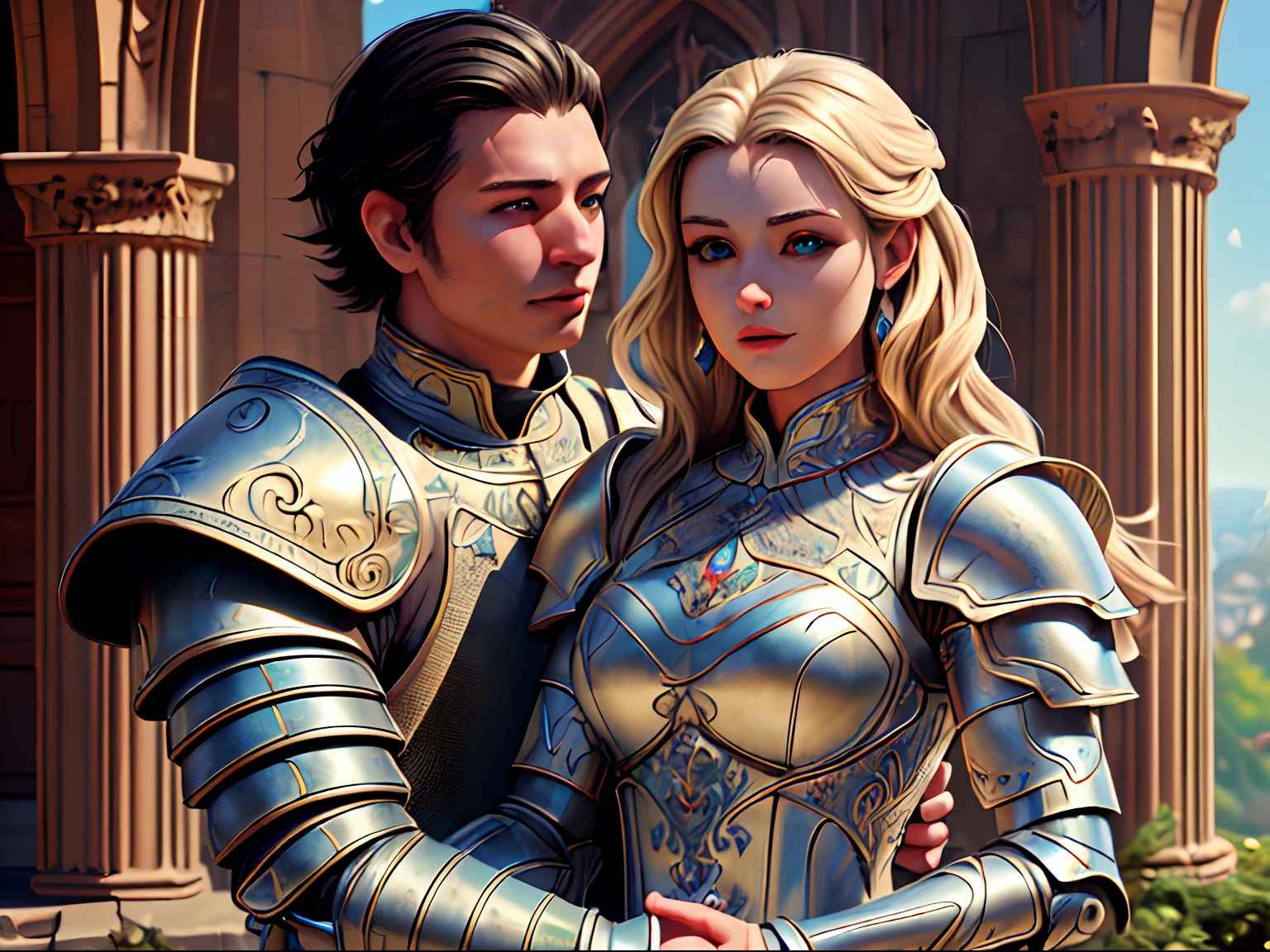 arafed, high details, best quality, 8k, [ultra detailed], masterpiece, best quality, (extremely detailed), dynamic angle, ultra wide shot, RAW, photorealistic, a wide angle picture of a wedding between a knight and her prince in medieval castle, a female human knight, pic beautiful human woman (best details, Masterpiece, best quality), ultra detailed face (best details, Masterpiece, best quality), blond hair, long hair, wavy hair, green eyes, wearing heavy armor, white armor, intricate details armor (best details, Masterpiece, best quality), white metallic armor, armor shines BREAK, and a human male prince, beautiful human man (best details, Masterpiece, best quality), ultra detailed face (best details, Masterpiece, best quality), black hair, short hair, blue eyes, wearing, medieval style clothes (best details, Masterpiece, best quality), noble clothes, fantasy castle background, Ultra-Wide Angle, high detail, award winning, best quality, HD, 16K, 3D rendering, high details, best quality, highres, ultra wide angle, 3D rendering, [[anatomically correct]]