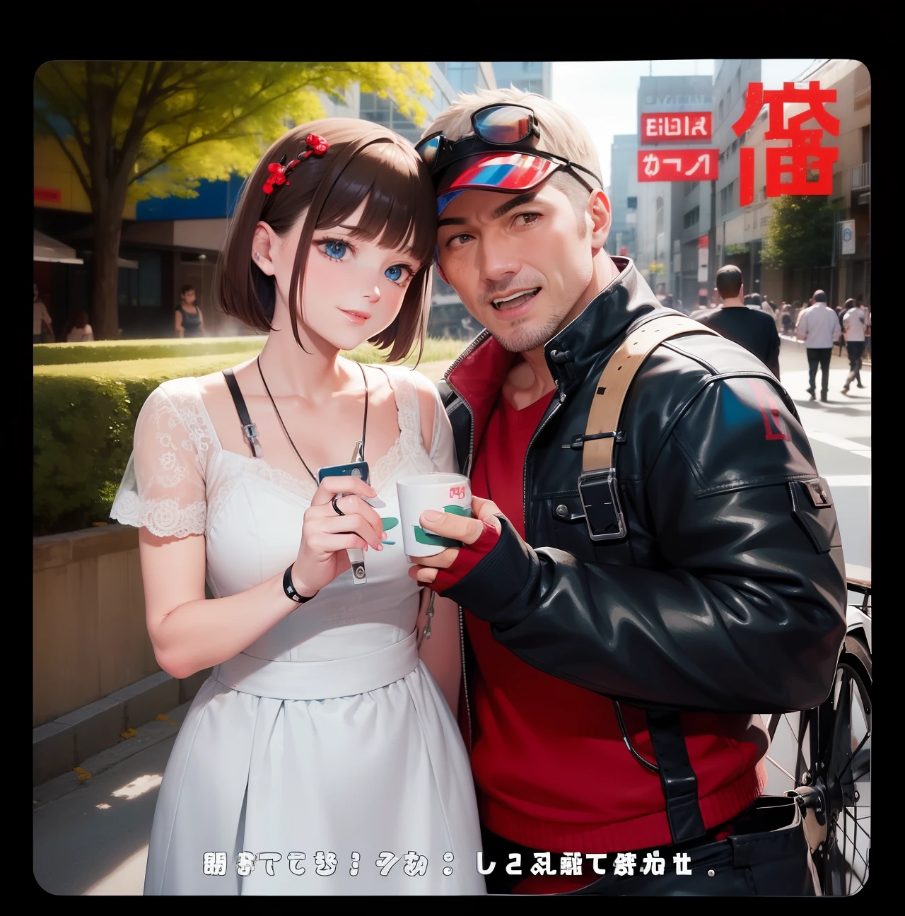 (One leans against a Weiss motorcycle wearing a bikini top,Woman in denim shorts,Hold a hard hat),(and a man wearing a beanie and a jacket),(A lewd man on the back wears a necklace), an oppai cyberpunk, extra detailed, comic cover, fantrome, , extra detail, , cover manga, , (sfv) safe to work,