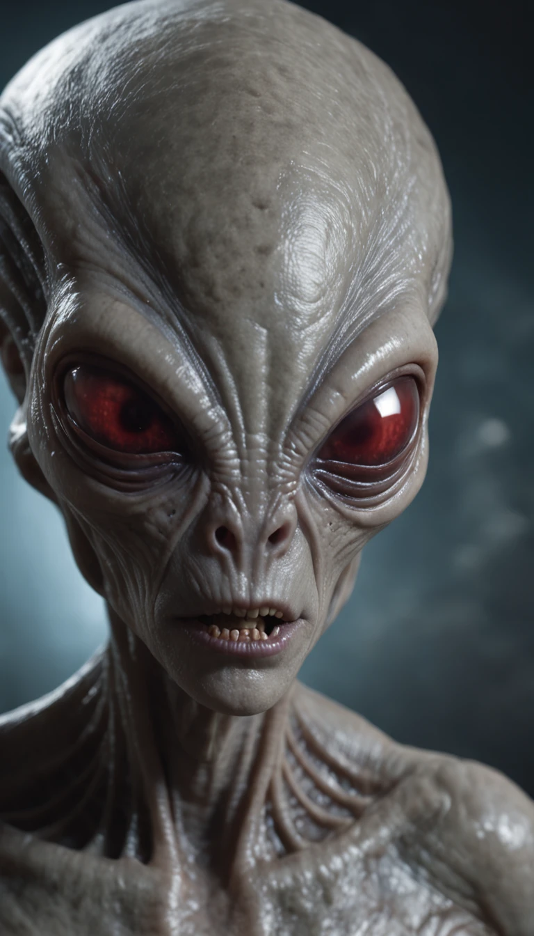Generate a close-up image that captures the youthful and vibrant face of an 18-year-old alien girl, perhaps with a bright smile or a look of innocent curiosity, The attempt is to eat the spectator,