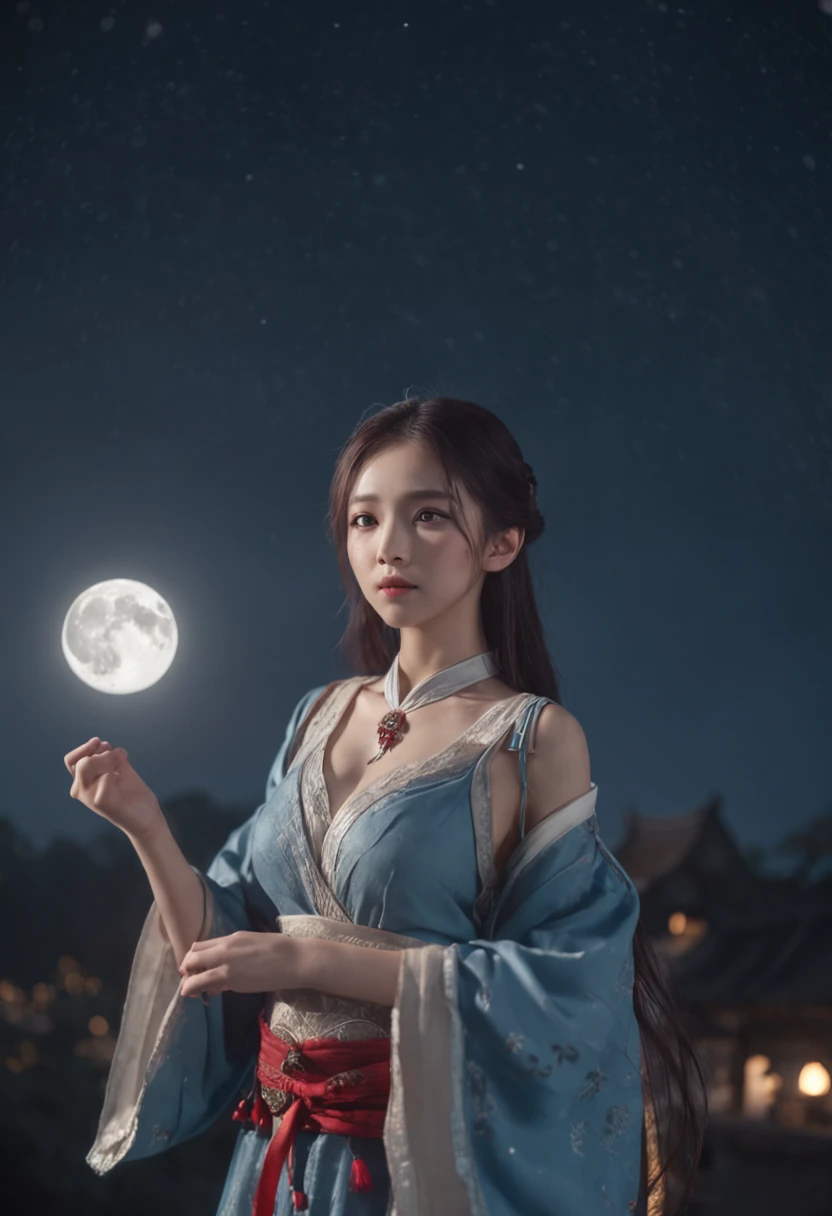 in a panoramic view,magic realism, anime big breast,Masterpiece, hyper HD, Super detail, High details, Best quality, A high resolution, A high resolution, Award-Awarded, Award-Awarded, Anatomically correct, 8K,),(full moon,holding hands in the moonlight,Peaceful night sky in the background,Traditional romance, xianxia fantasy, Chinese fantasy, beautiful moonlight night, Chinese style, moonlit night dreamy atmosphere),(Boy in blue and anime girl in red dress:1.5,Delicate girl,beuaty girl,Chinese Hanfu,inspired by Leng Mei,Romantic atmosphere:1.5,Cinematic lighting,Chinese premium color scheme)