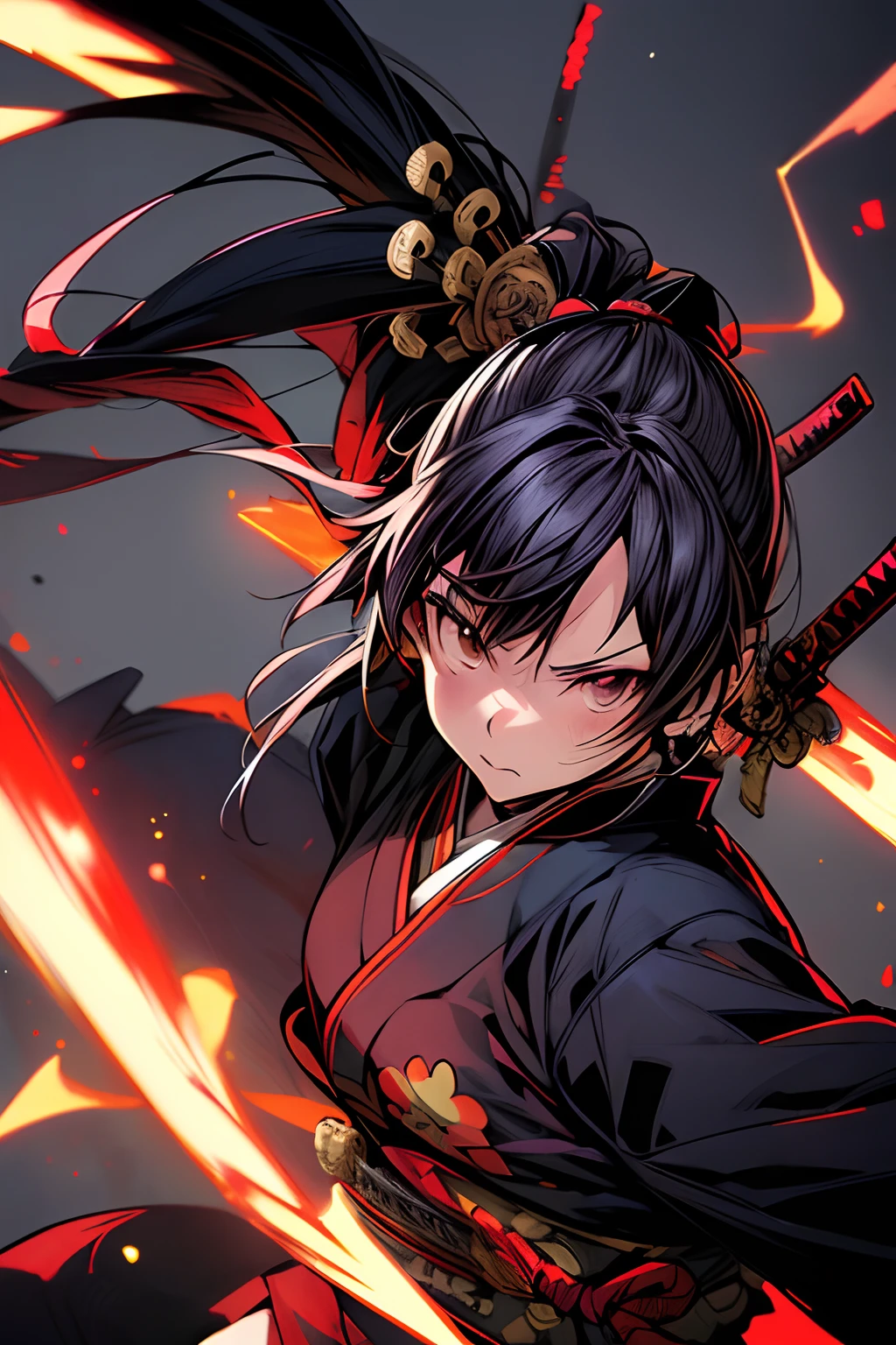 (comic book style),(linear art_Anime),(masutepiece, Best Quality, ),(Laura Bad Picture:1.2),(Lora Add Details:1.2),A highly detailed,(flat-colors:0.8), 8K,1 girl in、Kimono,Japan of the Warring States Period、
Cyber Samurai,
holding weapon,
holding swords,
blazing,
katanas,
