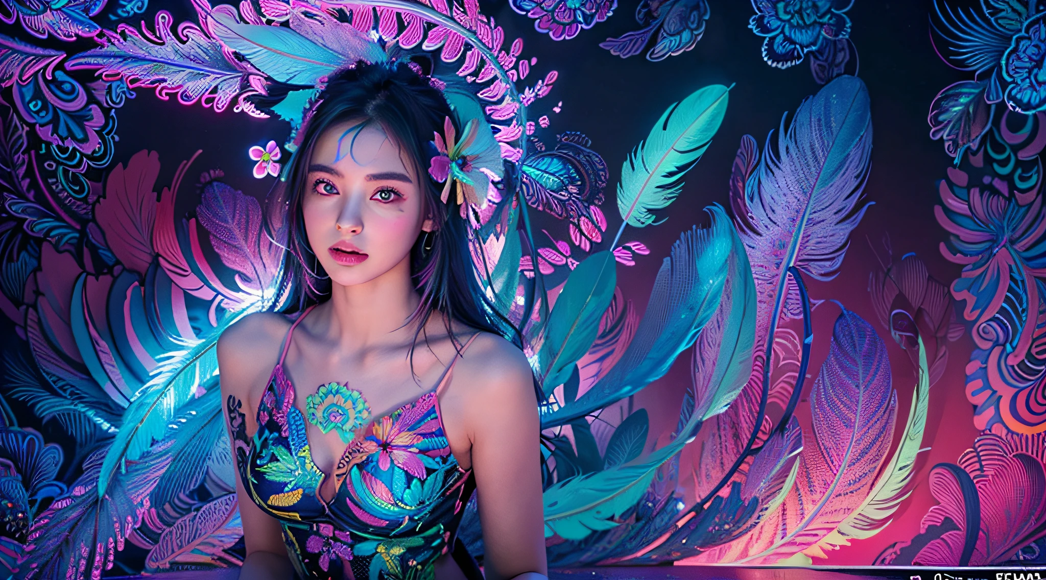 masterpiece, top quality, best quality, official art, beautiful and aesthetic:1.2), (1girl:1.3), extremely detailed,(fractal art:1.1)neon,(colorful:1.1)neon(flowers:1.3)neon,highest detailed,(zentangle:1.2)neon, (dynamic pose), (3D abstract background:1.3) neon, (shiny skin), (many colors:1.4)neon, (feathers:1.5), neonlight
