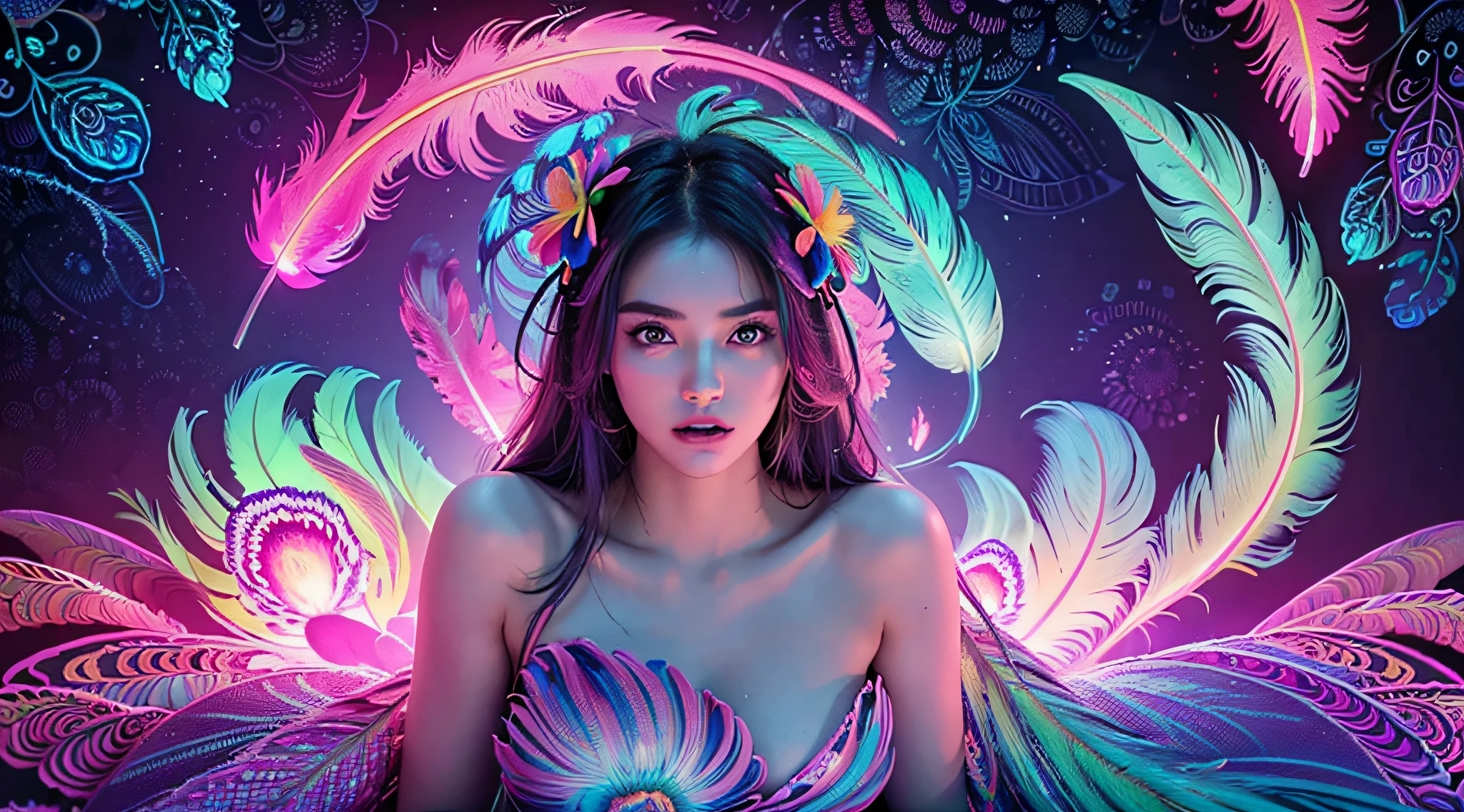 masterpiece, top quality, best quality, official art, beautiful and aesthetic:1.2), (1girl:1.3), extremely detailed,(fractal art:1.1)neon,(colorful:1.1)neon(flowers:1.3)neon,highest detailed,(zentangle:1.2)neon, (dynamic pose), (3D abstract background:1.3) neon, (shiny skin), (many colors:1.4)neon, (feathers:1.5), neonlight