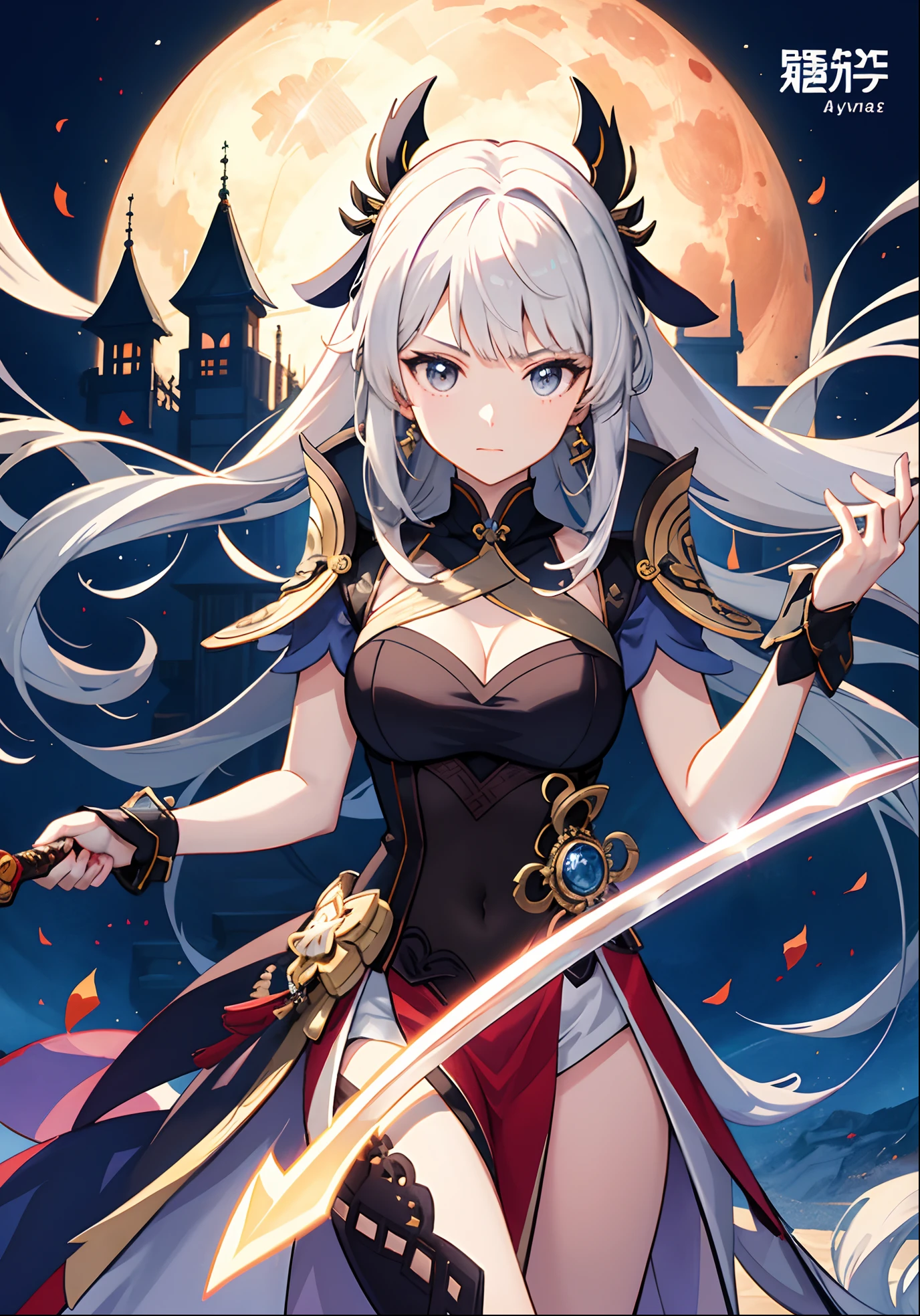 A woman with long white hair holds a sword before the full moon, Ayaka Genshin impact, Detailed key anime art, she is holding a sword, Keqing from Genshin Impact, Portrait Chevaliers du Zodiaque Fille, light novel cover art, ayaka game genshin impact, Epic light novel cover art, Detailed anime artwork, Anime fantasy illustration