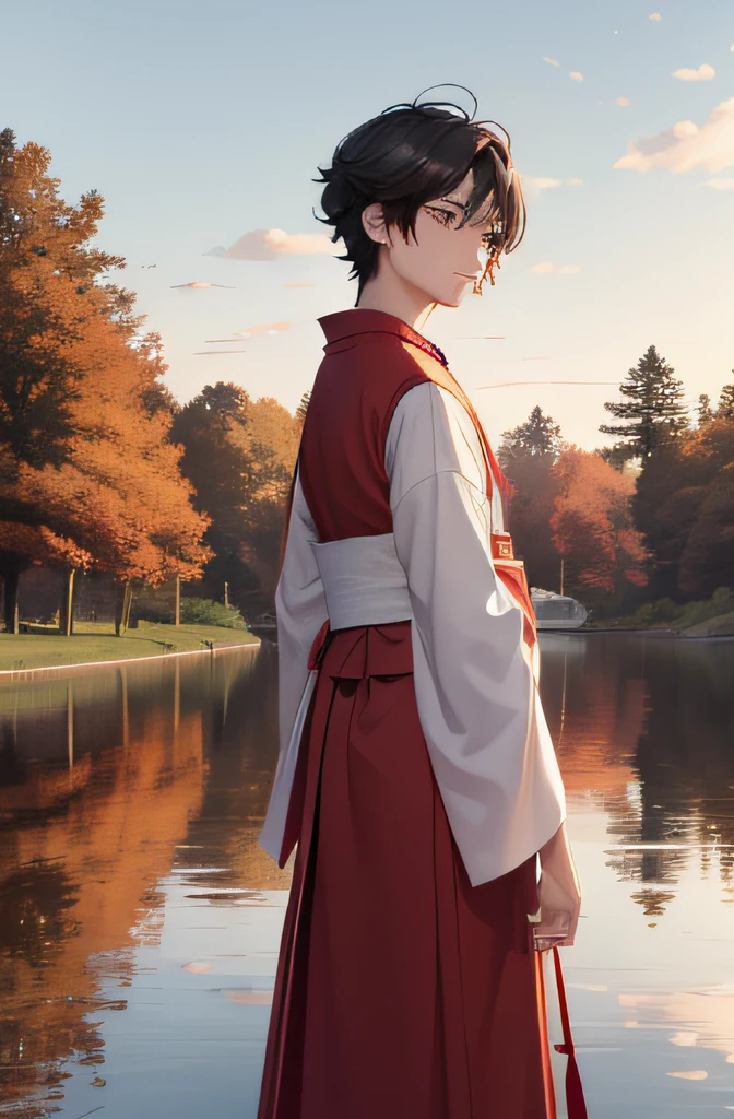 Anime boy in red and white dress standing in front of the lake, Beautiful Anime Boy, a beautiful anime portrait, Wearing beautiful clothes ， A boy in Hanfu, style of anime4 K, Guviz-style artwork, Attractive anime boy, Boy anime style, Anime art wallpaper 8 K, Beautiful Anime Boy, Young anime boy,Behind it are autumn maple trees，The figure stands sideways in front，bust