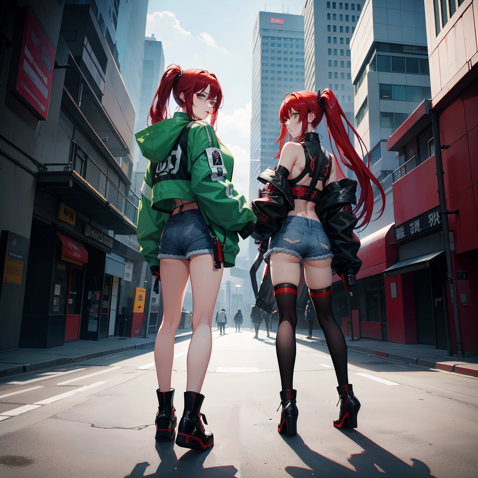 Full body shot, female asian Irina Shidou red hair twintails green eyes, in a cyberpunk city, wearing a bomber jacket and crop top and denim shorts, standing next to an Infiniti Q60 Redsport, side shot, back shot, shot from backside, behind shot, masterpiece, highly detailed