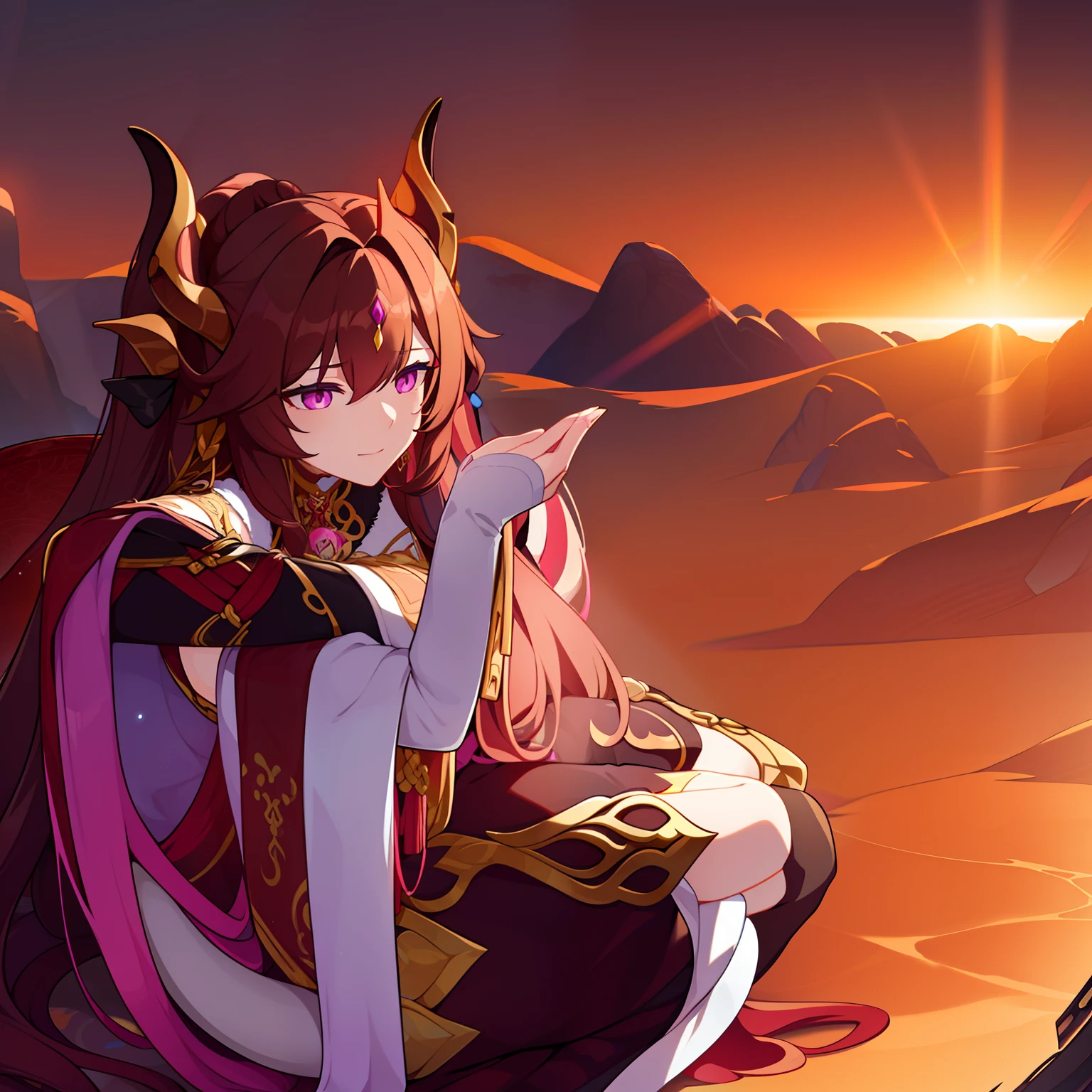 Woman, messy light brown long hair with a purple tint, dragon horns and tail, white and black Chinese dress with tight-fitting elements on her arms and legs, gold divine light, God's gaze, a sun circle, indifferent and cold gaze, light lipstick, light eyes