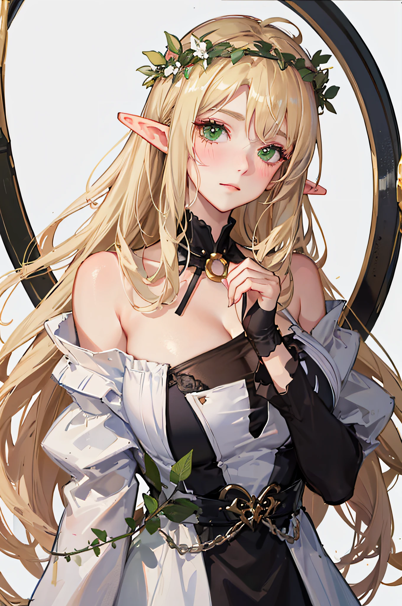 1girll, Bare shoulders, Blonde hair, Blush, Breasts, circle of the crone, cleavage, Closed mouth, dress, elf, Green eyes, head wreath, Huge breasts, laurel crown, Long hair, view the viewer, O-ring, O-ring top, Pointy ears, Simple background, Solo, Upper body, White background, White dress,celestine lucullus,Realistis,(Shiny skin),(Masterpiece:1.4),(Best quality:1.4)，