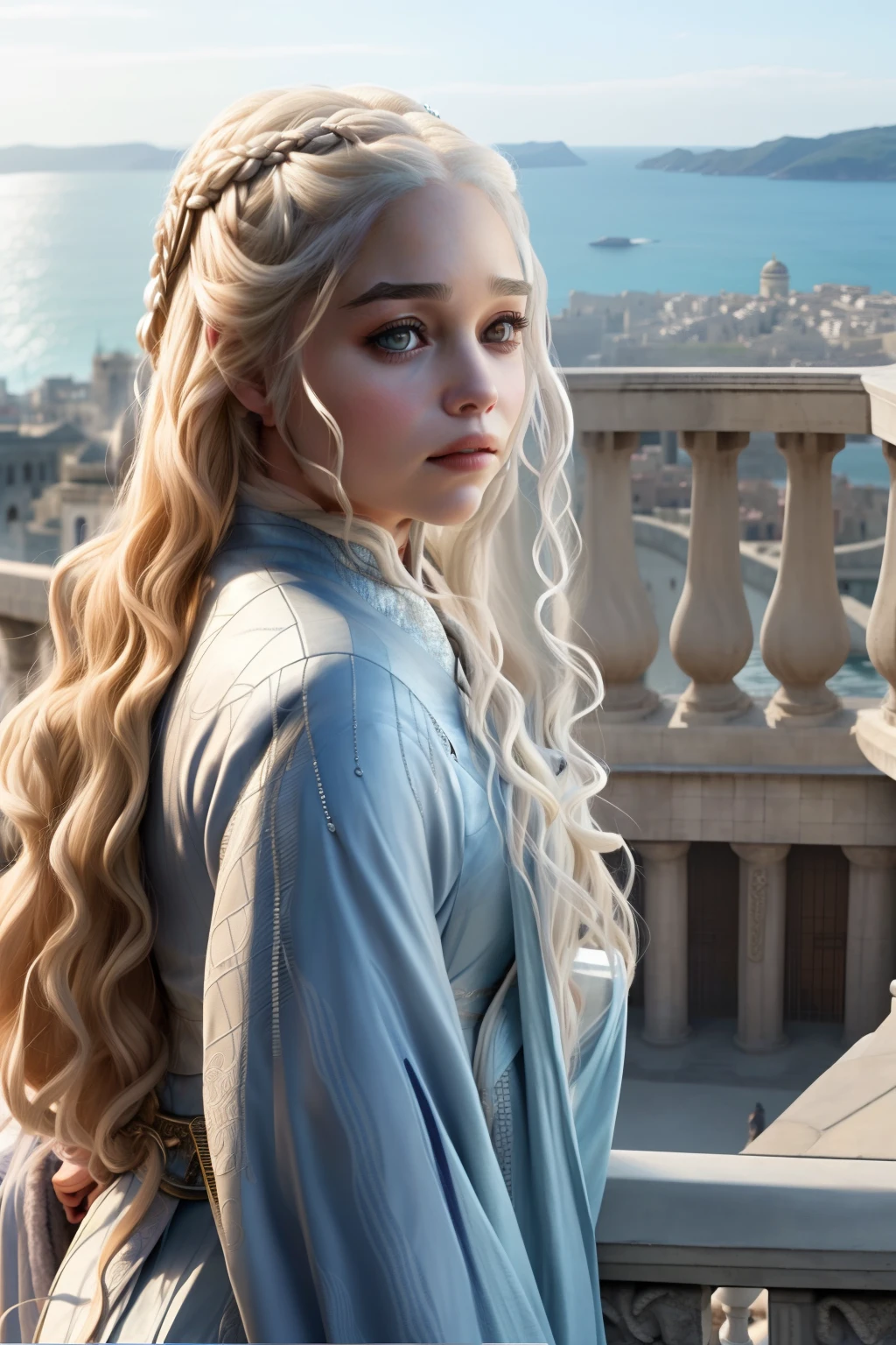 a woman with long blonde hair standing on a balcony overlooking a city, daenerys targaryen, daenerys, mila kunis as daenerys targaryen, emilia clarke as a greek goddess, shot from game of thrones, still image from game of thrones, emilia clarke, still from game of thrones, her hair is white, from of thrones, winds of winter