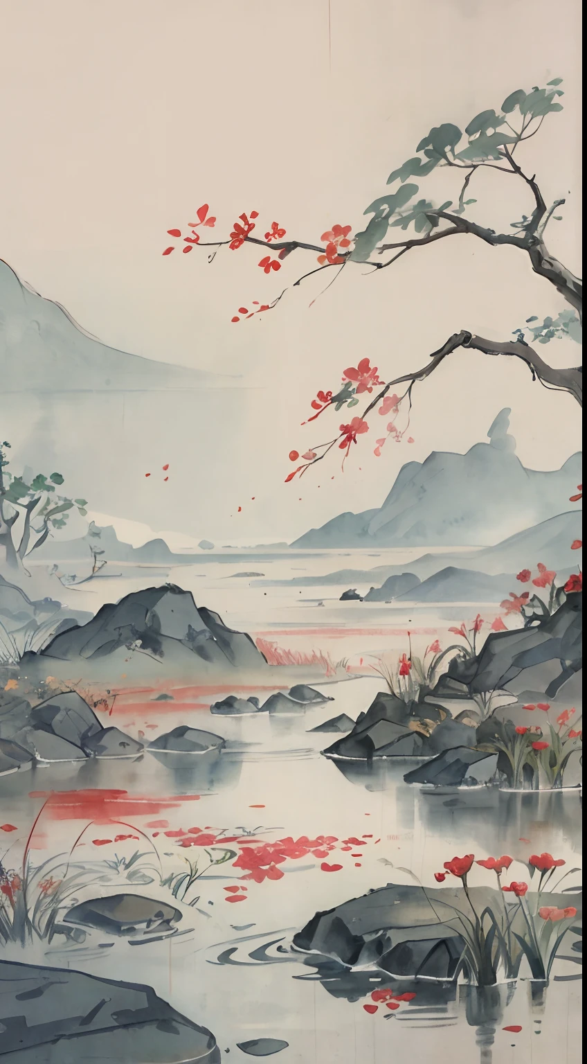 Koi in the pond,Green grass on the shore,Lots of flowers,A plant, Chinese watercolor style, k hd,Traditional Chinese watercolor,Traditional Chinese painting,China ink painting,inspired by Kim Hong-do, Traditional Chinese painting, japan watercolour, inspired by Huang Binhong, Watercolor landscape