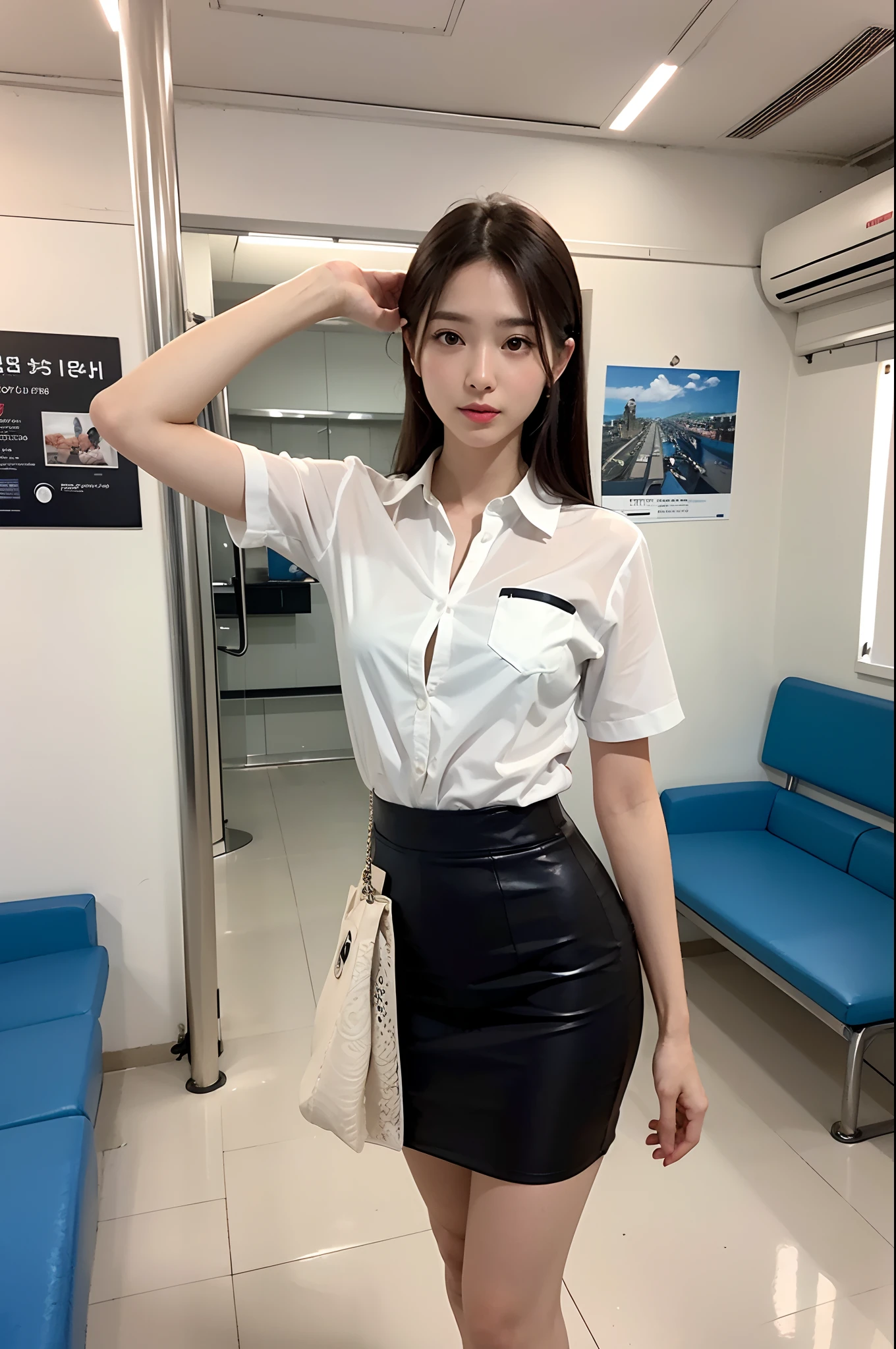 Arafe woman in short skirt and white shirt in subway, (Wearing pantyhose), 165 cm tall, Japanese Models, 155 cm tall, Korean Girl,Gorgeous young Japan woman, Engaging pose, goddess of Japan, Korean Woman, けもの, Realistic Pantyhose、Raw photo, (8K、top-quality、masterpiece:1.2)、(intricate detailes:1.4)、(Photorealsitic:1.4)、octane renderings、Complex 3D rendering ultra detail, Studio Soft Light, Rim Lights, vibrant detail, super detailing, Realistic Pantyhose、realistic skin textures, Detail Face, Beautiful detail eyes, Very detailed CG Unity 16k wallpaper, make - up, (detailedbackground:1.2), Spread your legs、crotch open、shinny skin、Exposed thighs!!!